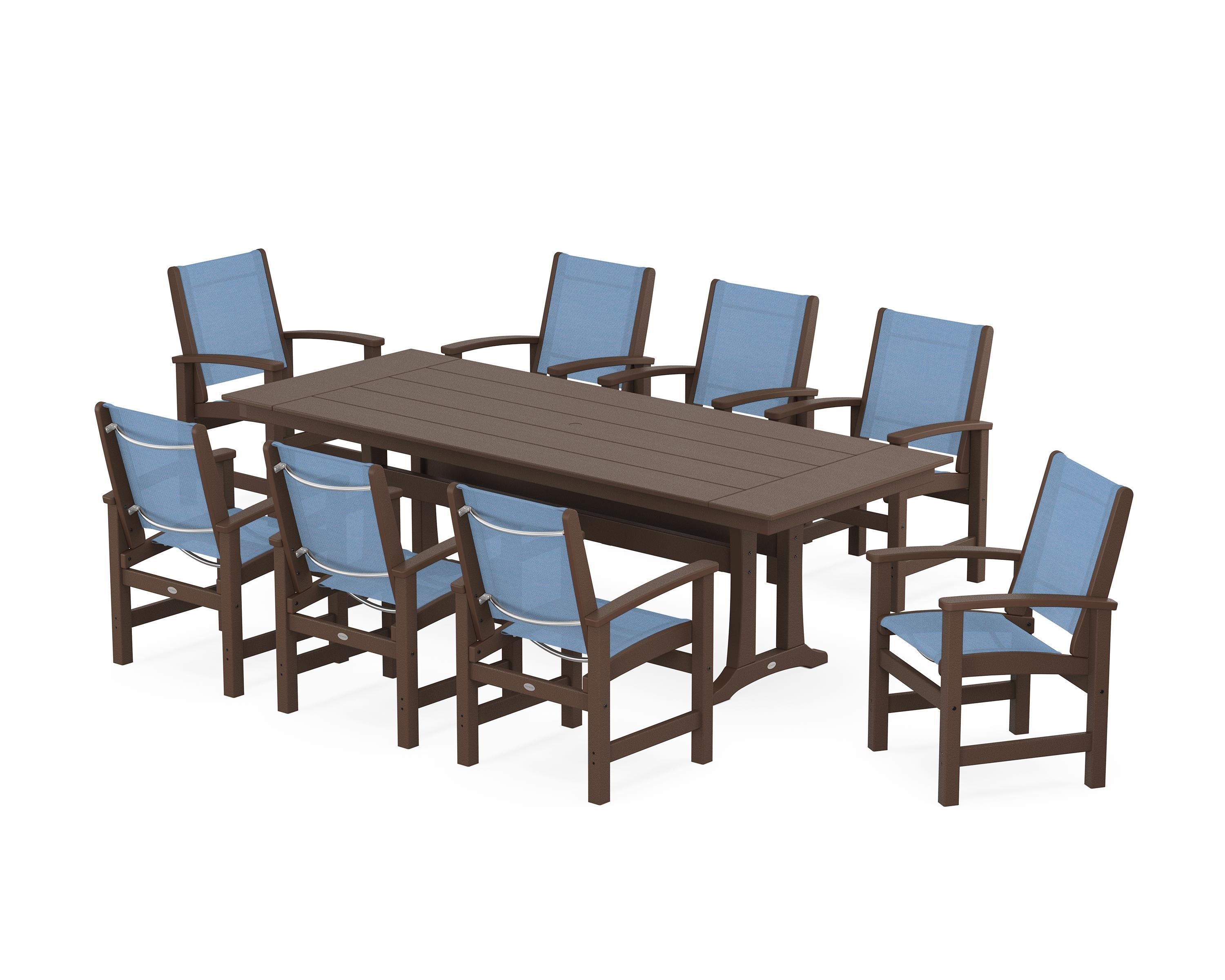 POLYWOOD® Coastal 9-Piece Farmhouse Dining Set with Trestle Legs in Mahogany / Poolside Sling