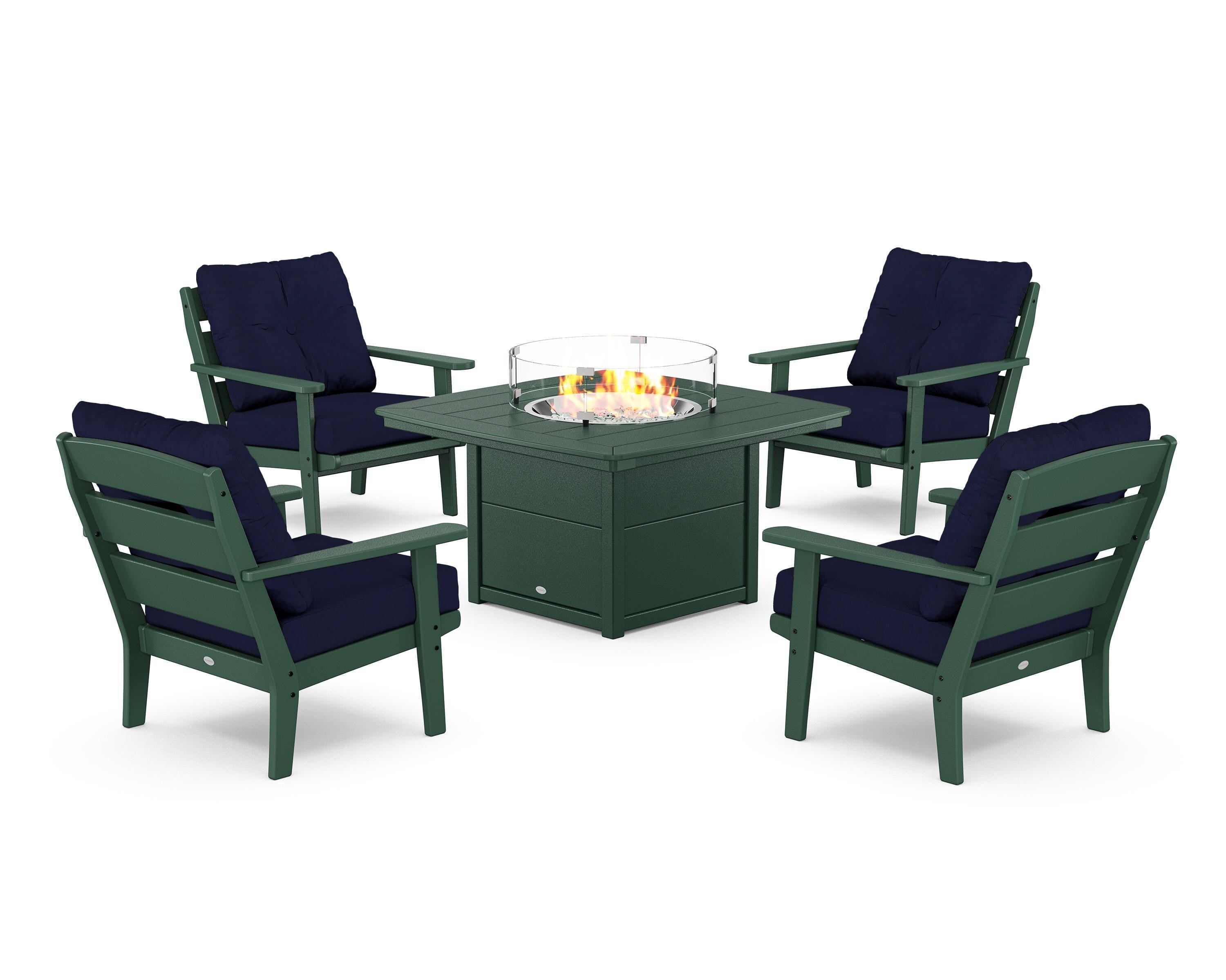 POLYWOOD® Lakeside 5-Piece Deep Seating Set with Nautical Fire Pit Table in Green / Navy