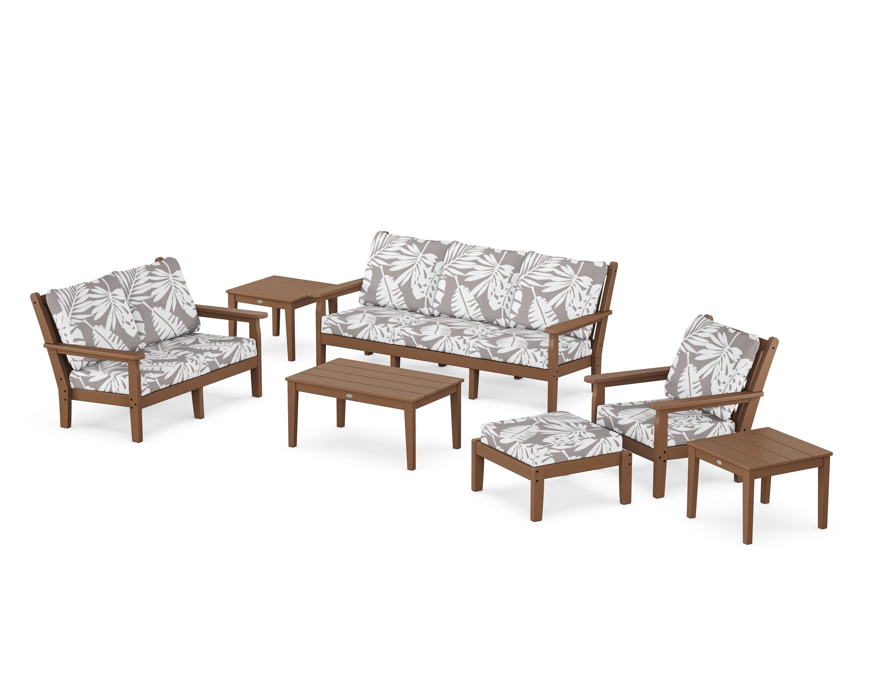 POLYWOOD® Chippendale 7-Piece Deep Seating Set in Teak / Leaf Grey Mist