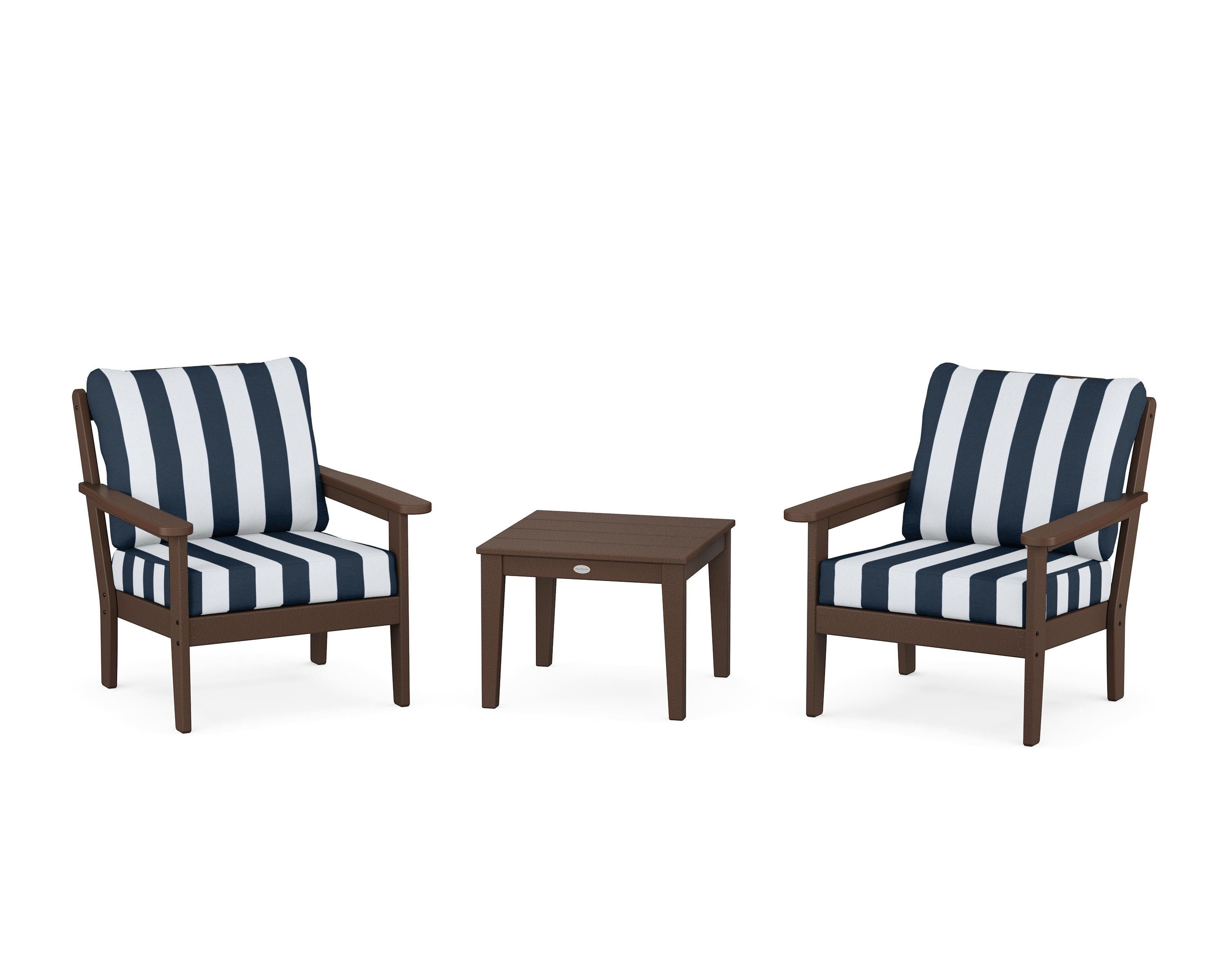 Country Living Cottage 3-Piece Deep Seating Set in Mahogany / Cabana Stripe Marine Indigo