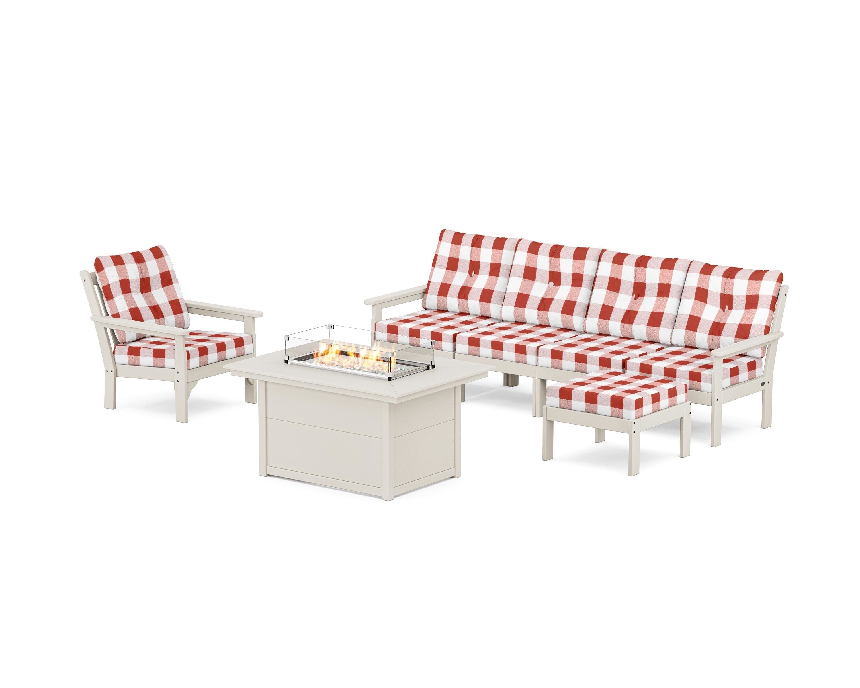 POLYWOOD® Vineyard Sectional Lounge and Fire Pit Set in Sand / Buffalo Plaid Crimson