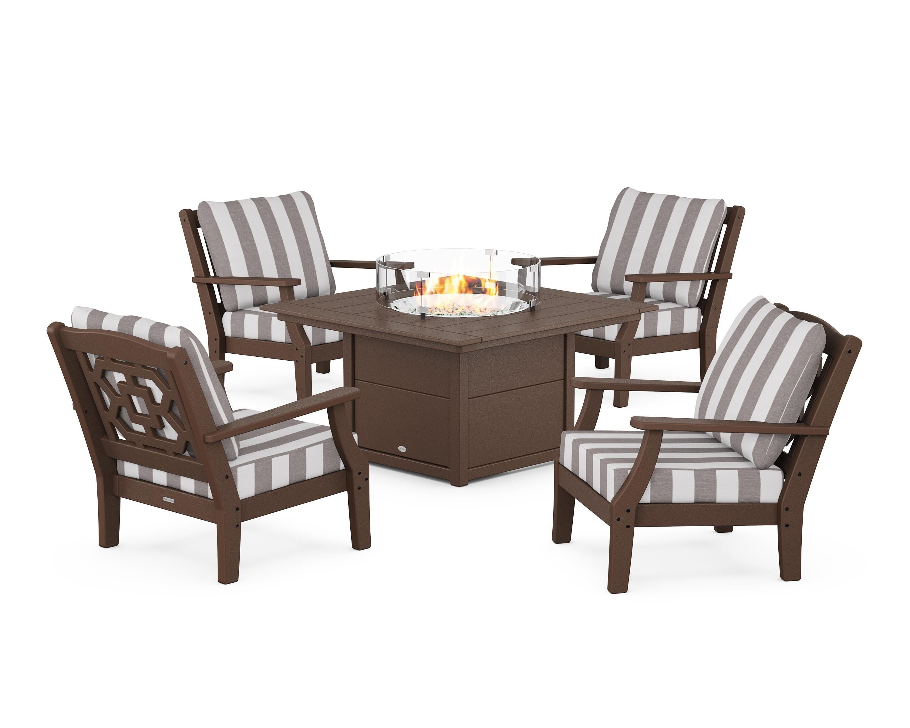 Martha Stewart by POLYWOOD® Chinoiserie 5-Piece Deep Seating Set with Fire Pit Table in Mahogany / Cabana Stripe Grey Mist