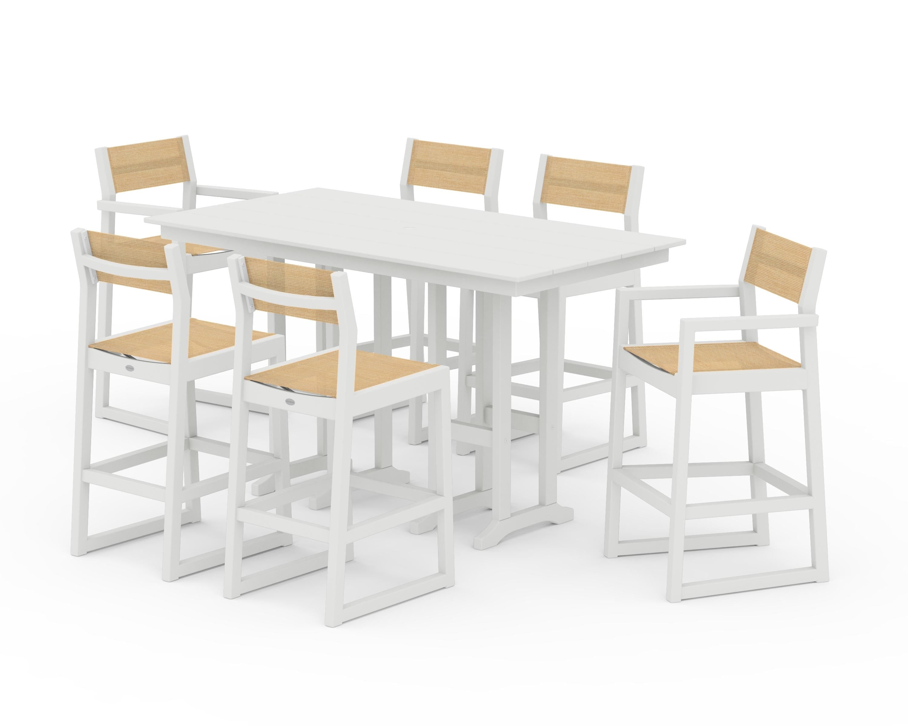 POLYWOOD® EDGE Sling 7-Piece Farmhouse Bar Set in White / Dupioni Apricot Sling