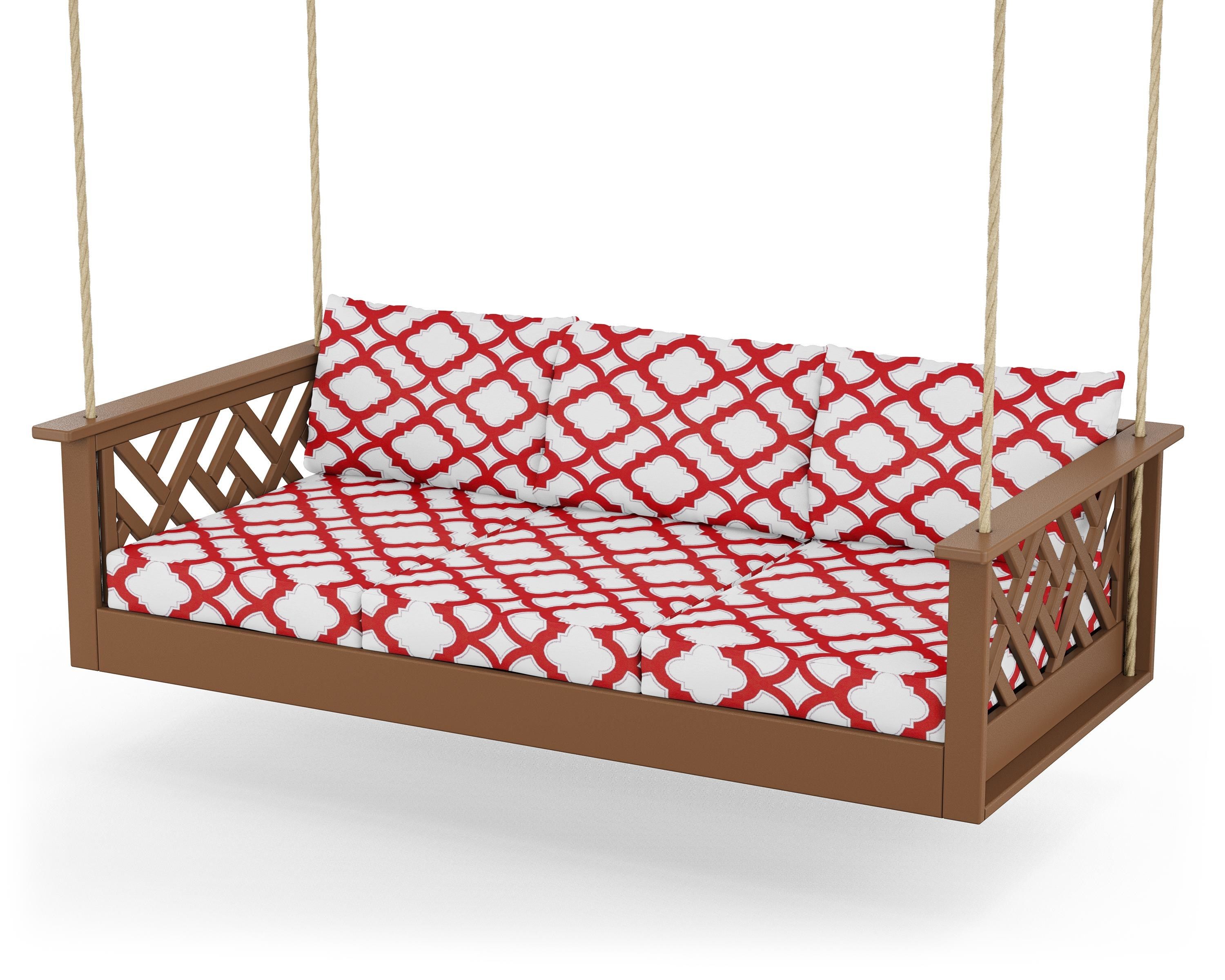 POLYWOOD® Chippendale Daybed Swing in Teak / Trellis Crimson