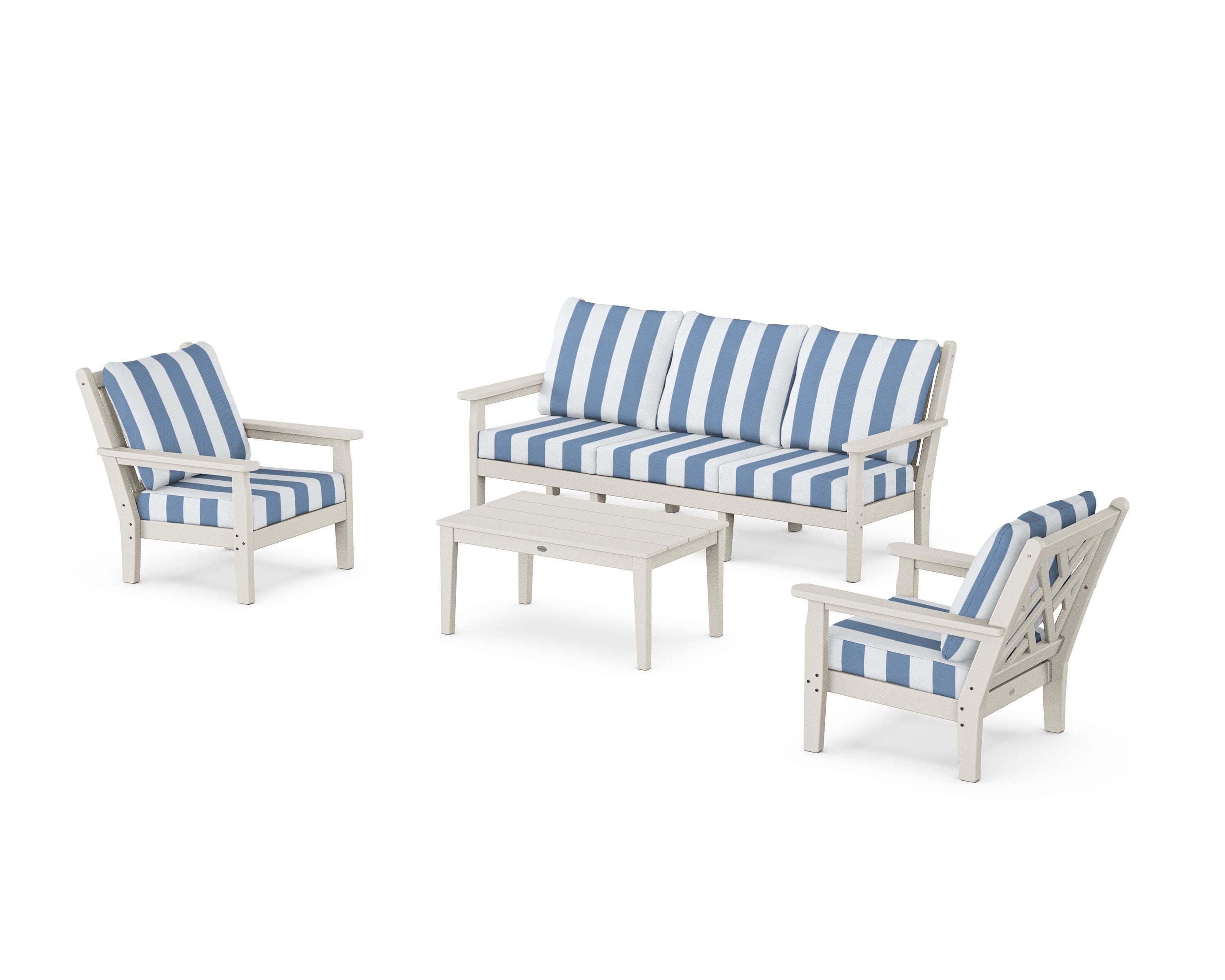 POLYWOOD® Chippendale 4-Piece Deep Seating Set with Sofa in Sand / Cabana Stripe Sky Blue