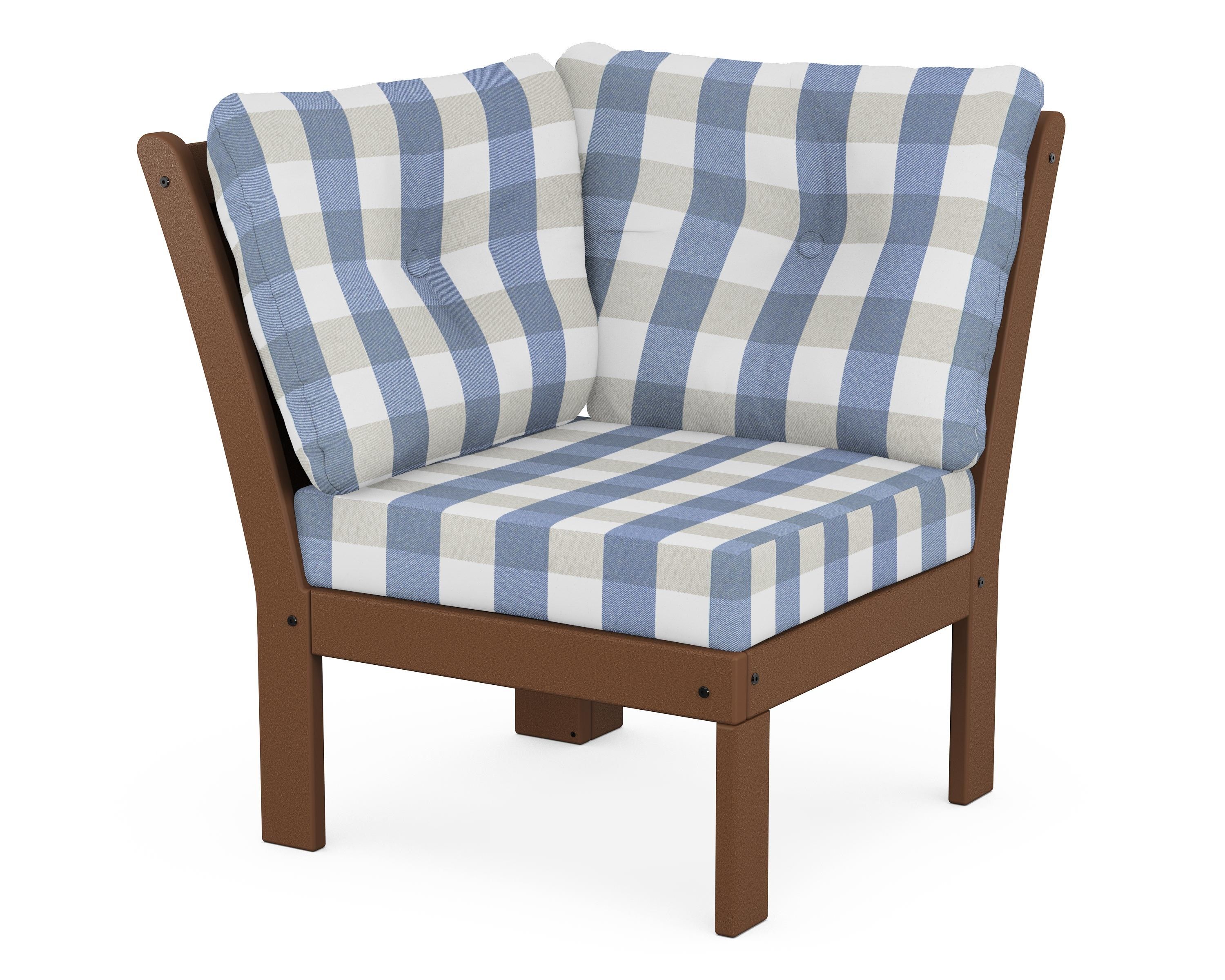 POLYWOOD® Vineyard Modular Corner Chair in Teak / Buffalo Plaid Sky Blue