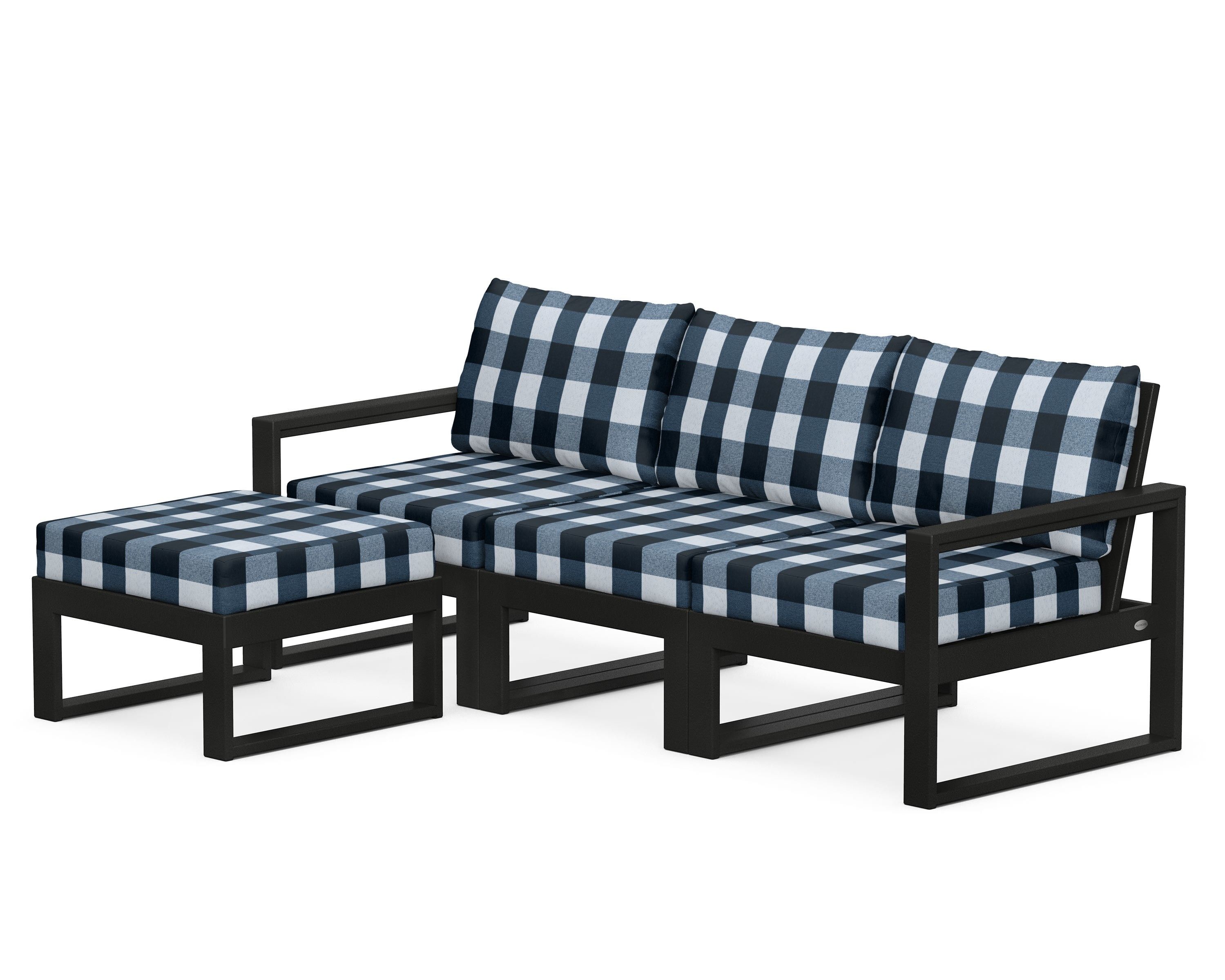 POLYWOOD® EDGE 4-Piece Modular Deep Seating Set with Ottoman in Black / Buffalo Plaid Marine Indigo