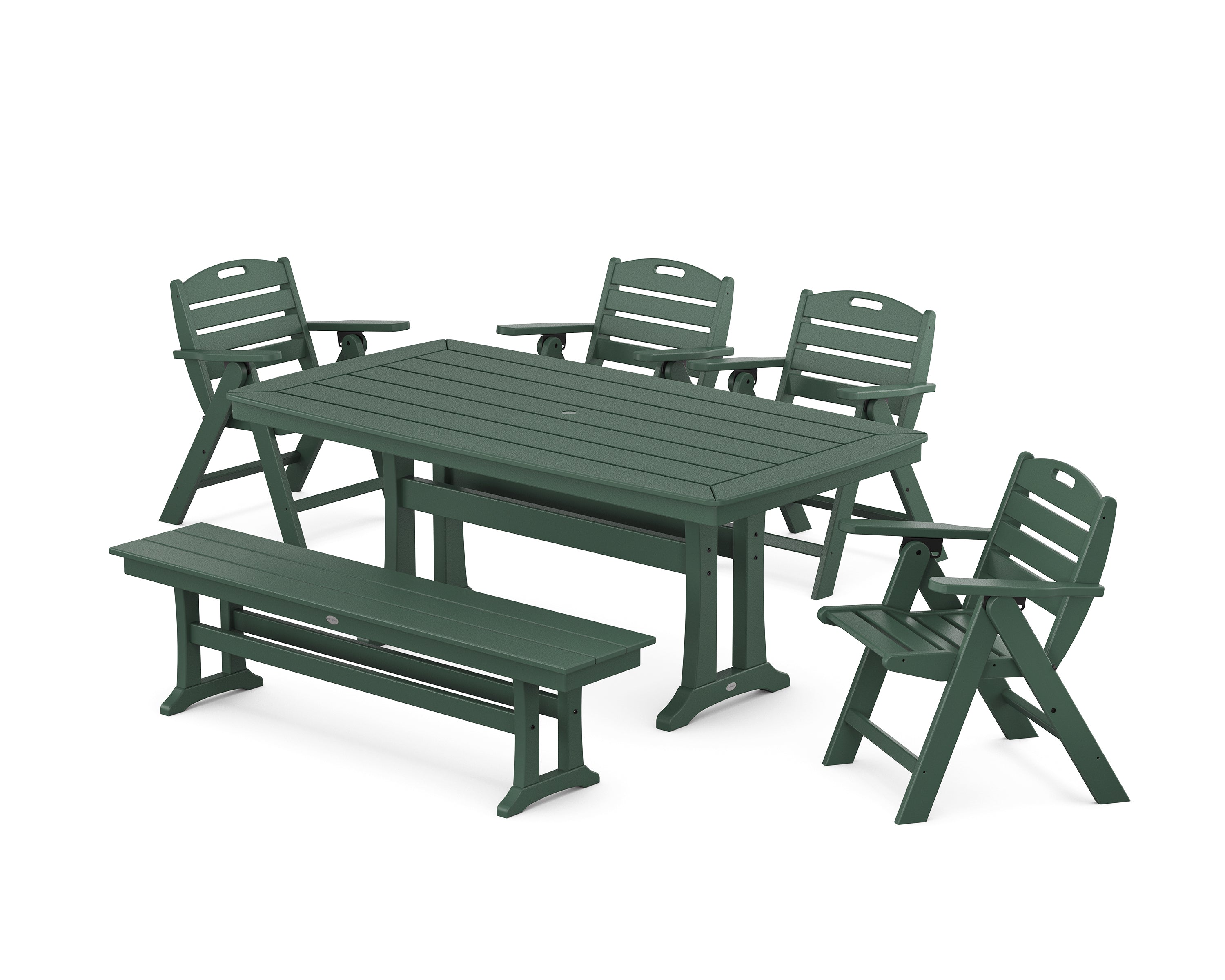 POLYWOOD® Nautical Lowback 6-Piece Dining Set with Trestle Legs and Bench in Green