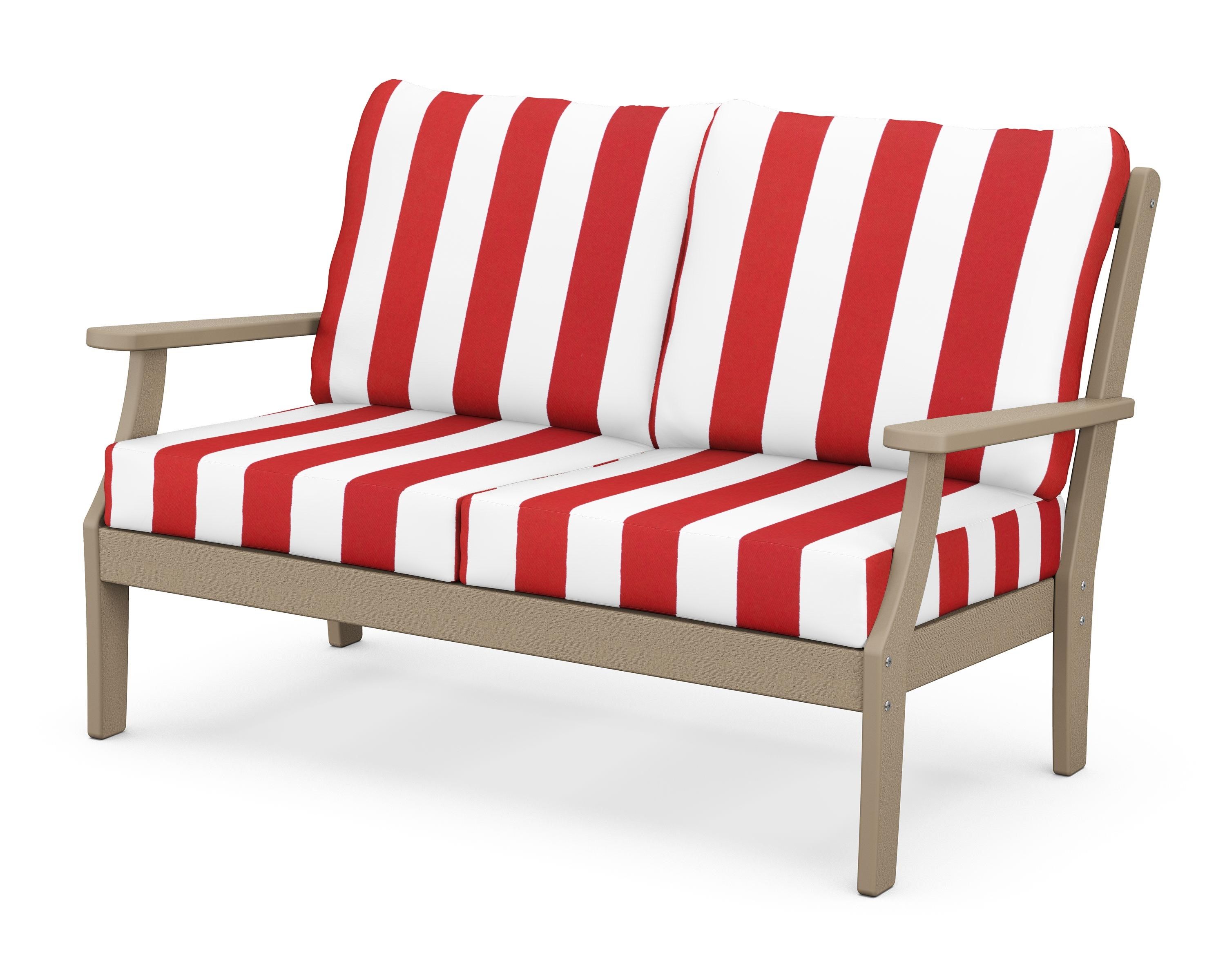 POLYWOOD® Braxton Deep Seating Loveseat in Vintage Sahara / Cabana Stripe Crimson