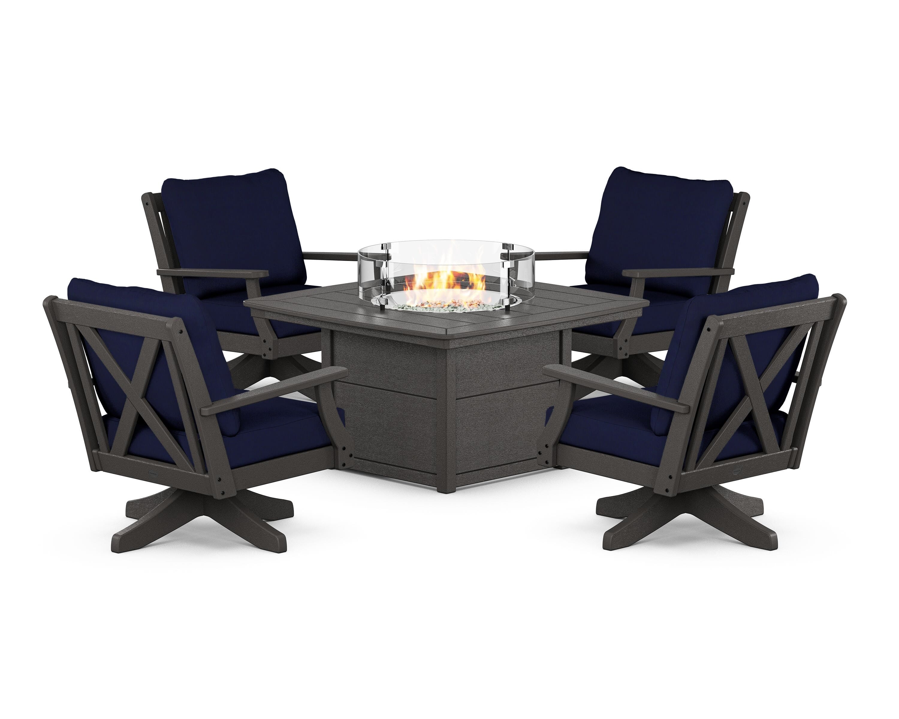 POLYWOOD® Braxton 5-Piece Deep Seating Swivel Conversation Set with Fire Pit Table in Vintage Coffee / Navy