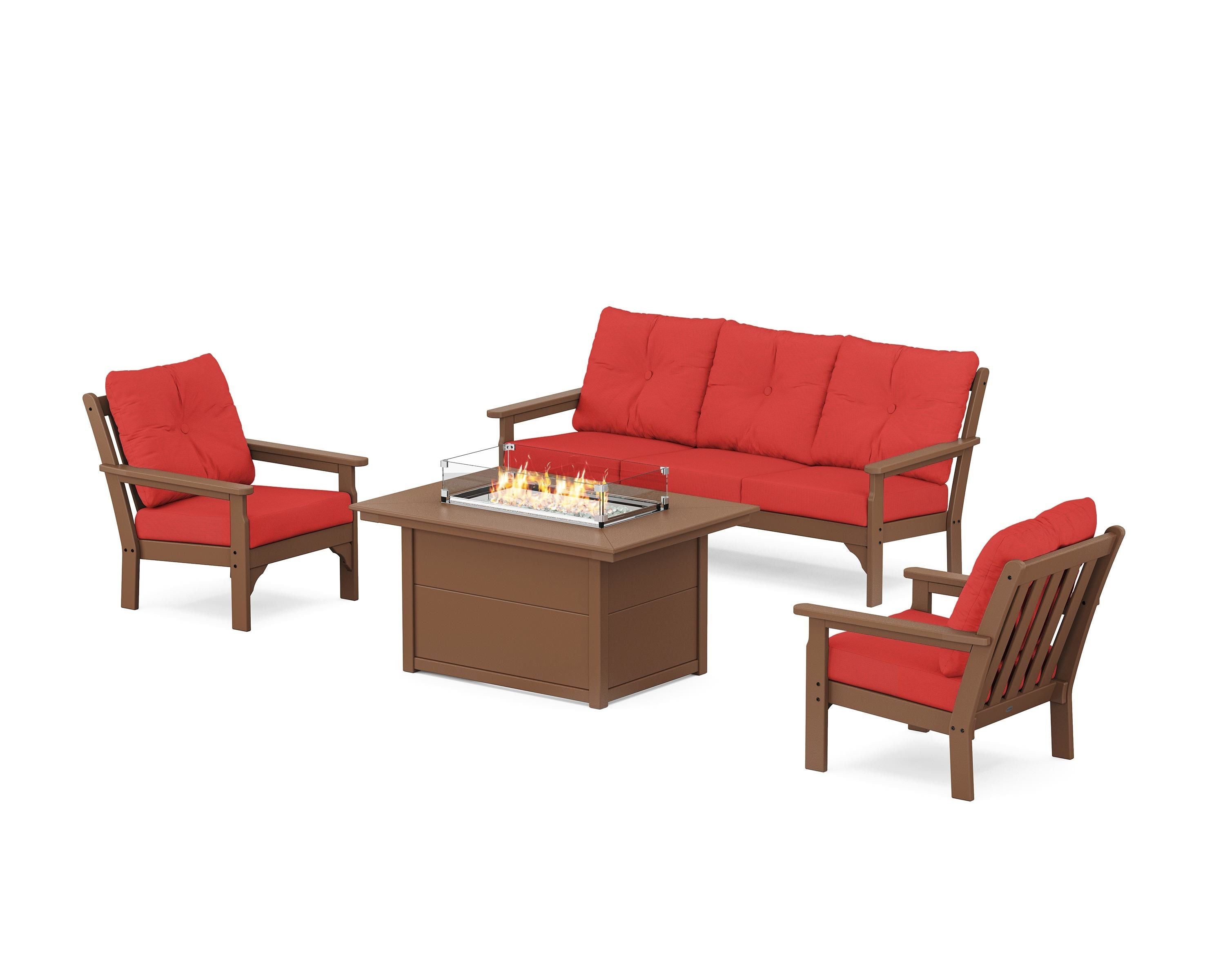 POLYWOOD® Vineyard Deep Seating Fire Pit Table Set in Teak / Crimson Linen