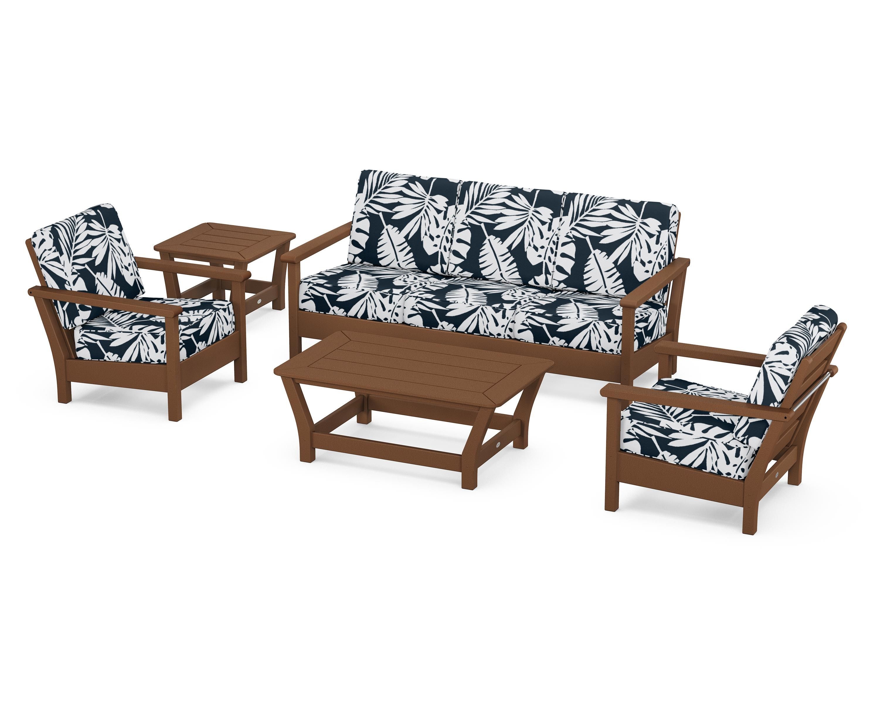 POLYWOOD® Harbour 5-Piece Deep Seating Set in Teak / Leaf Marine Indigo