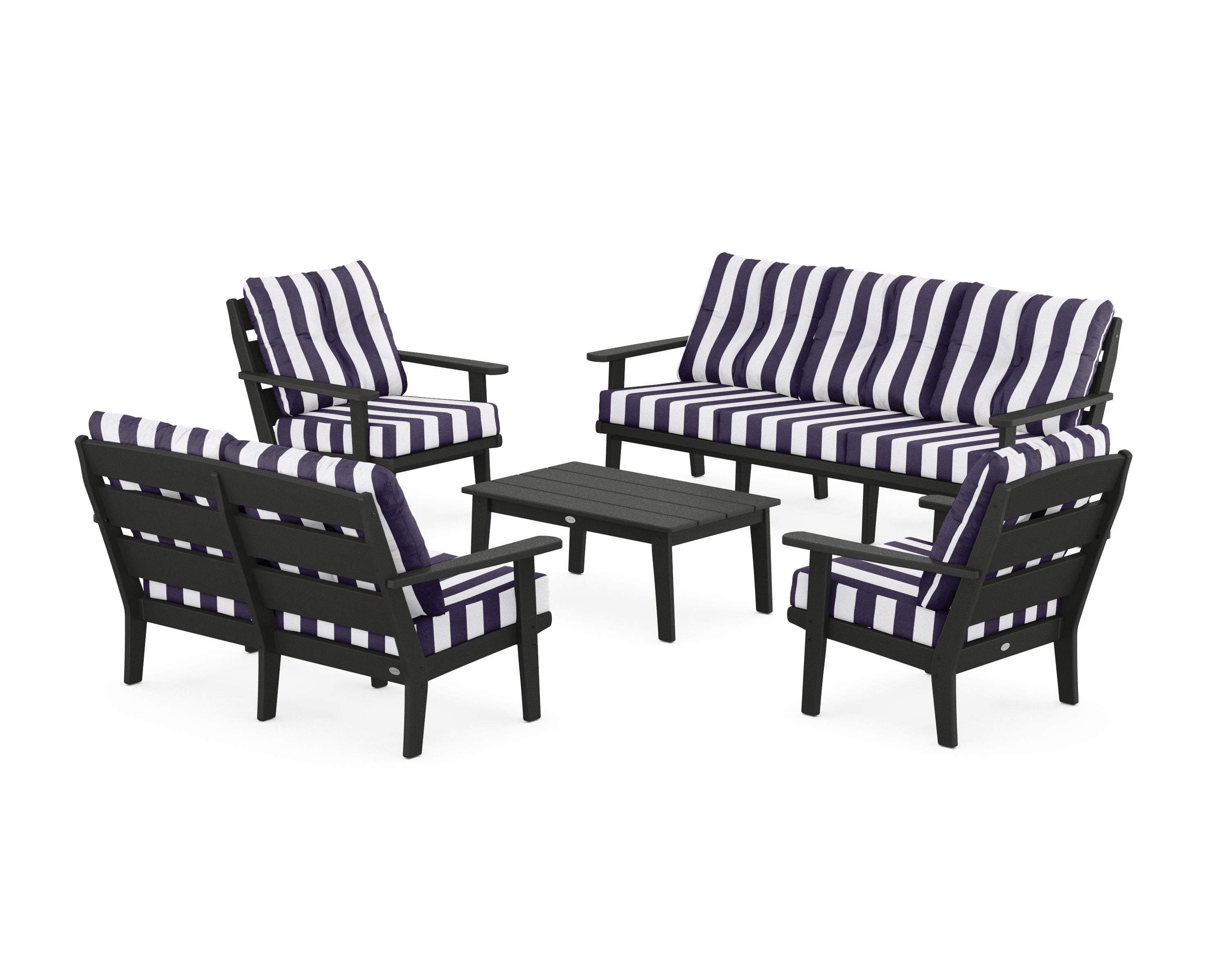 POLYWOOD® Lakeside 5-Piece Lounge Sofa Set in Black / Cabana Stripe Navy