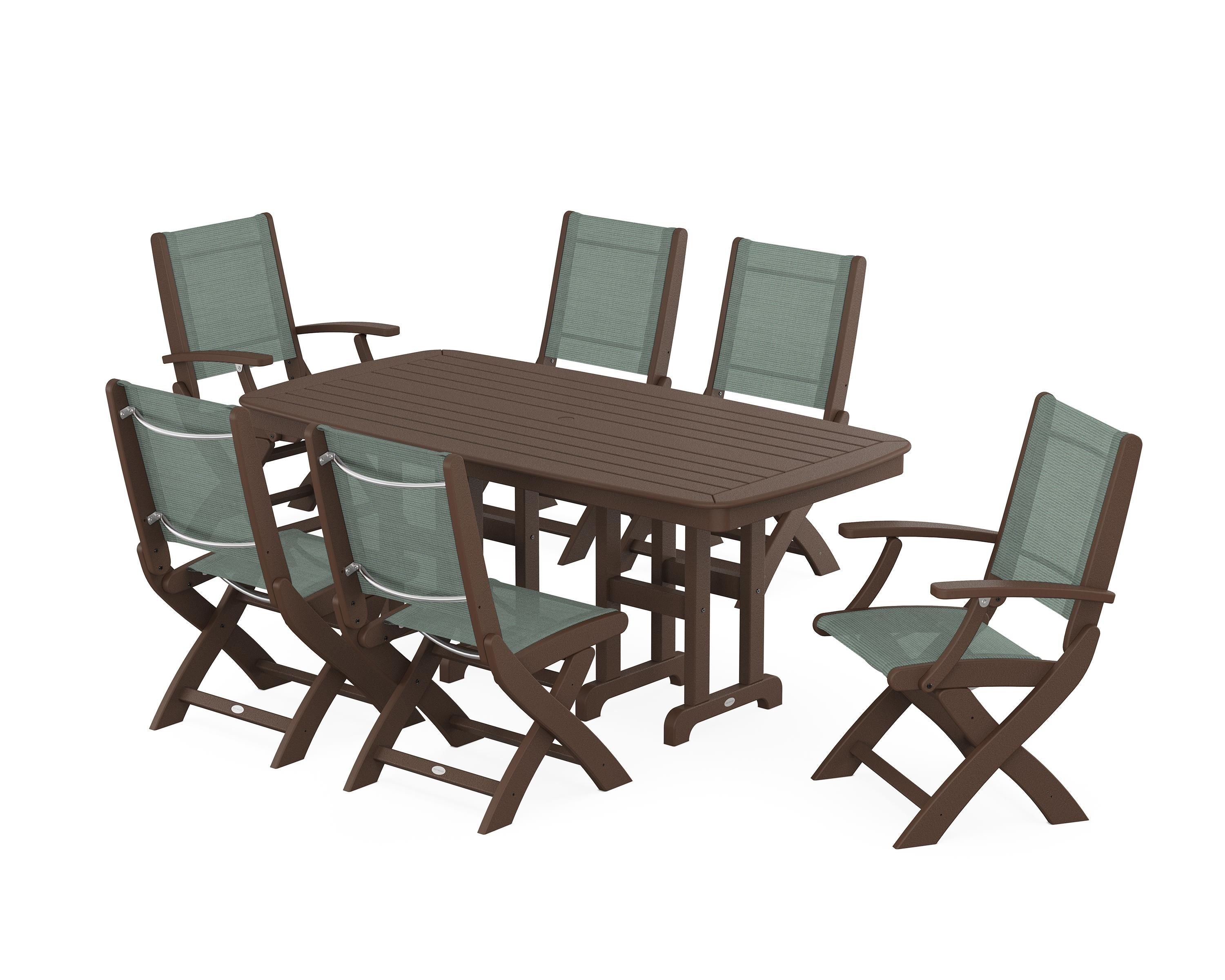 POLYWOOD® Coastal Folding Chair 7-Piece Dining Set in Mahogany / Dupioni Sea Mist Sling