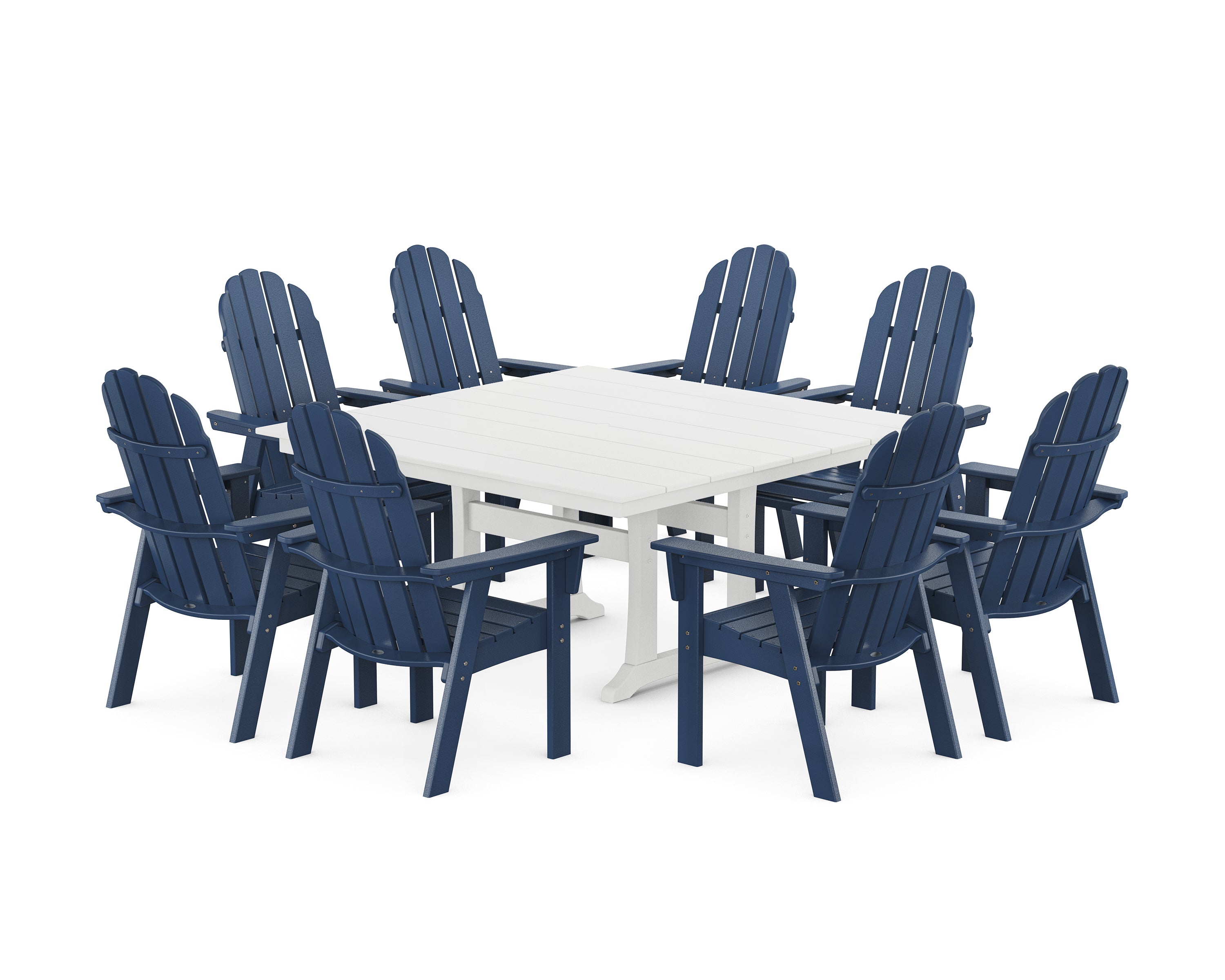 POLYWOOD® Vineyard Curveback Adirondack 9-Piece Square Farmhouse Dining Set with Trestle Legs in Navy / White