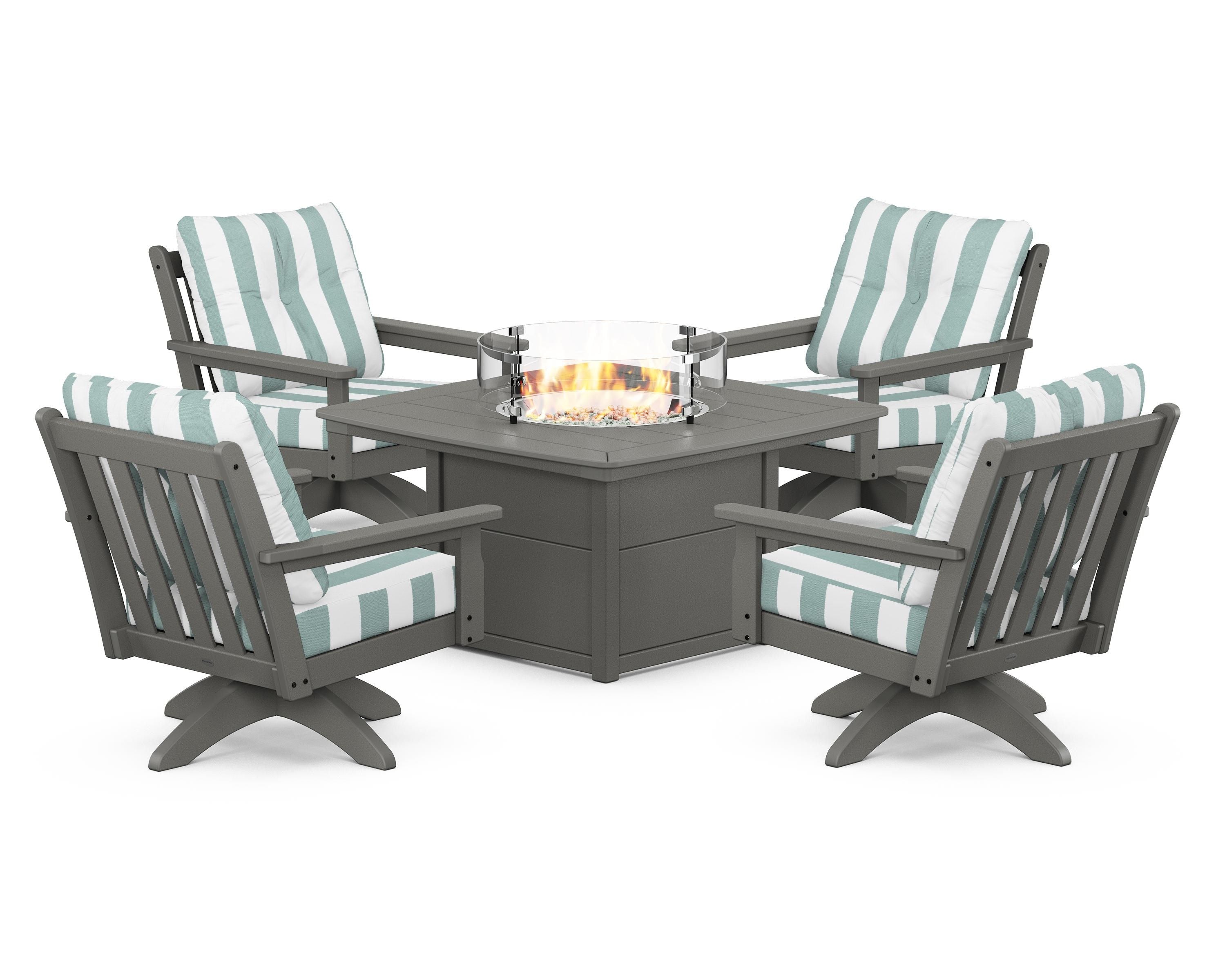 POLYWOOD® Vineyard 5-Piece Deep Seating Swivel Conversation Set with Fire Pit Table in Slate Grey / Cabana Stripe Glacier Spa