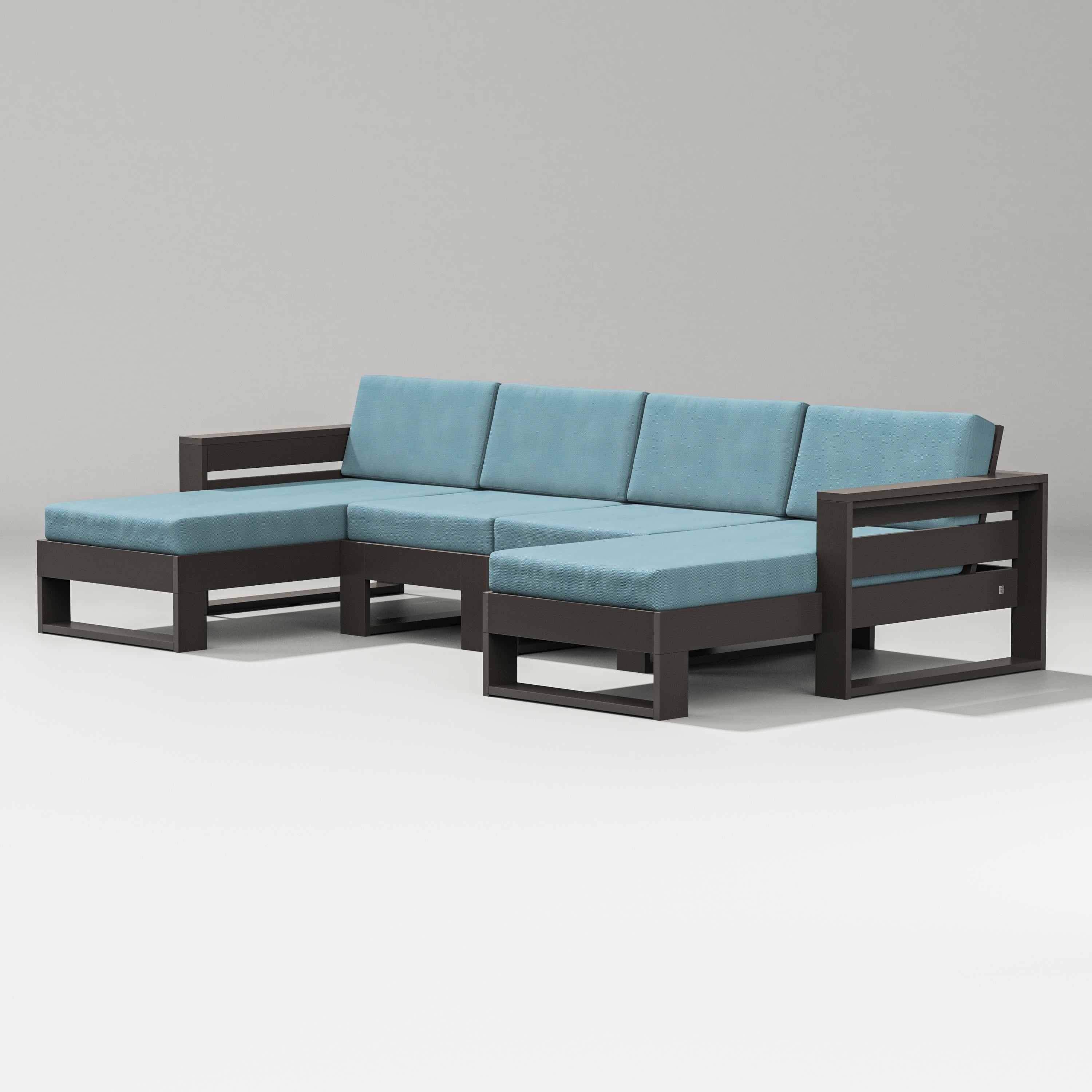 PW Designer Series Latitude Double Chaise Sectional in Vintage Coffee / Lattice Sky Blue