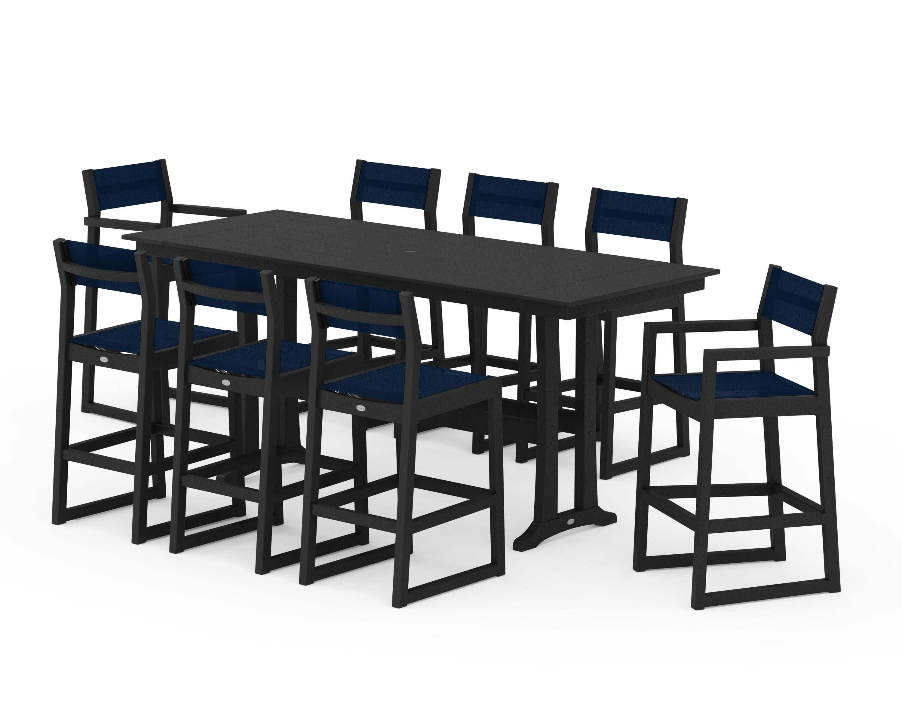 POLYWOOD® EDGE Sling 9-Piece Farmhouse Bar Set with Trestle Legs in Black / Navy Blue Sling
