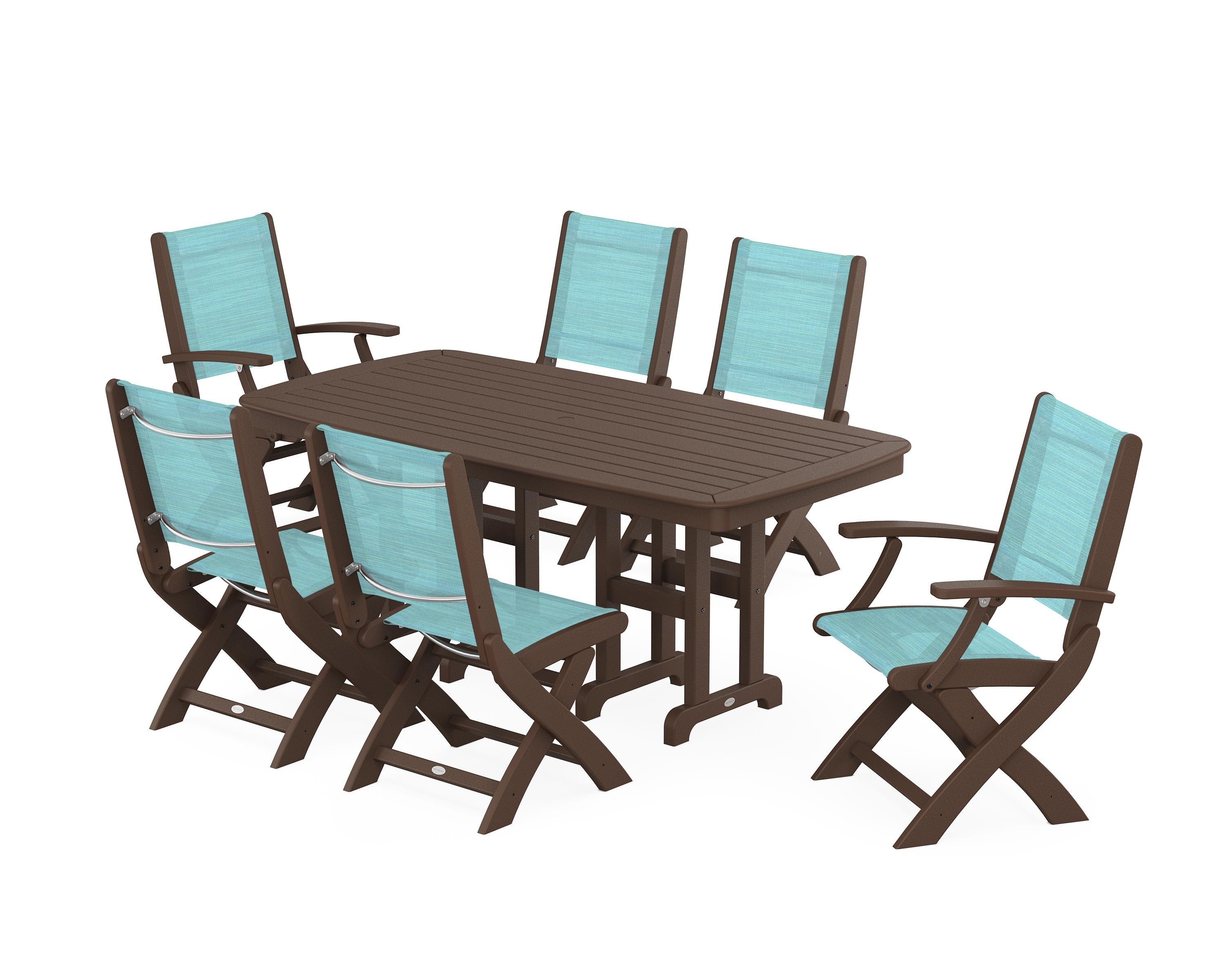 POLYWOOD® Coastal Folding Chair 7-Piece Dining Set in Mahogany / Dupioni Aquamarine Sling