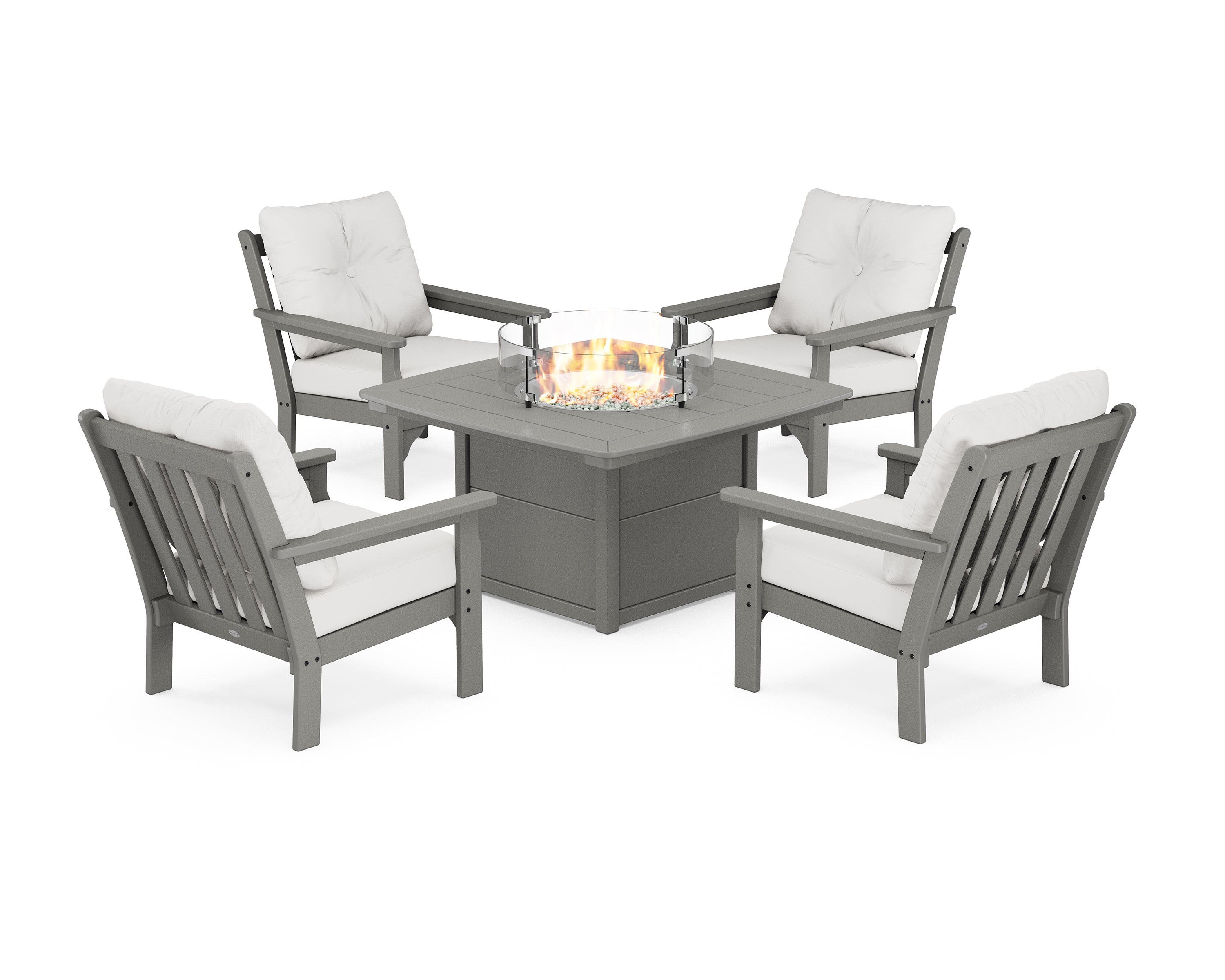 POLYWOOD® Vineyard 5-Piece Conversation Set with Fire Pit Table in Slate Grey / Natural Linen