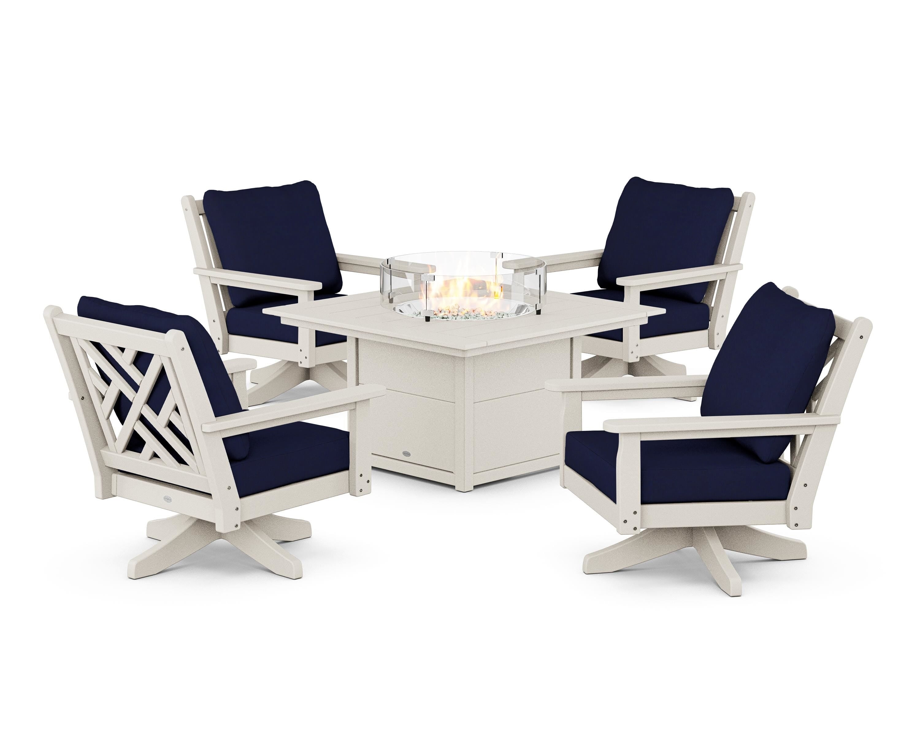POLYWOOD® Chippendale 5-Piece Deep Seating Swivel Conversation Set with Fire Pit Table in Sand / Navy