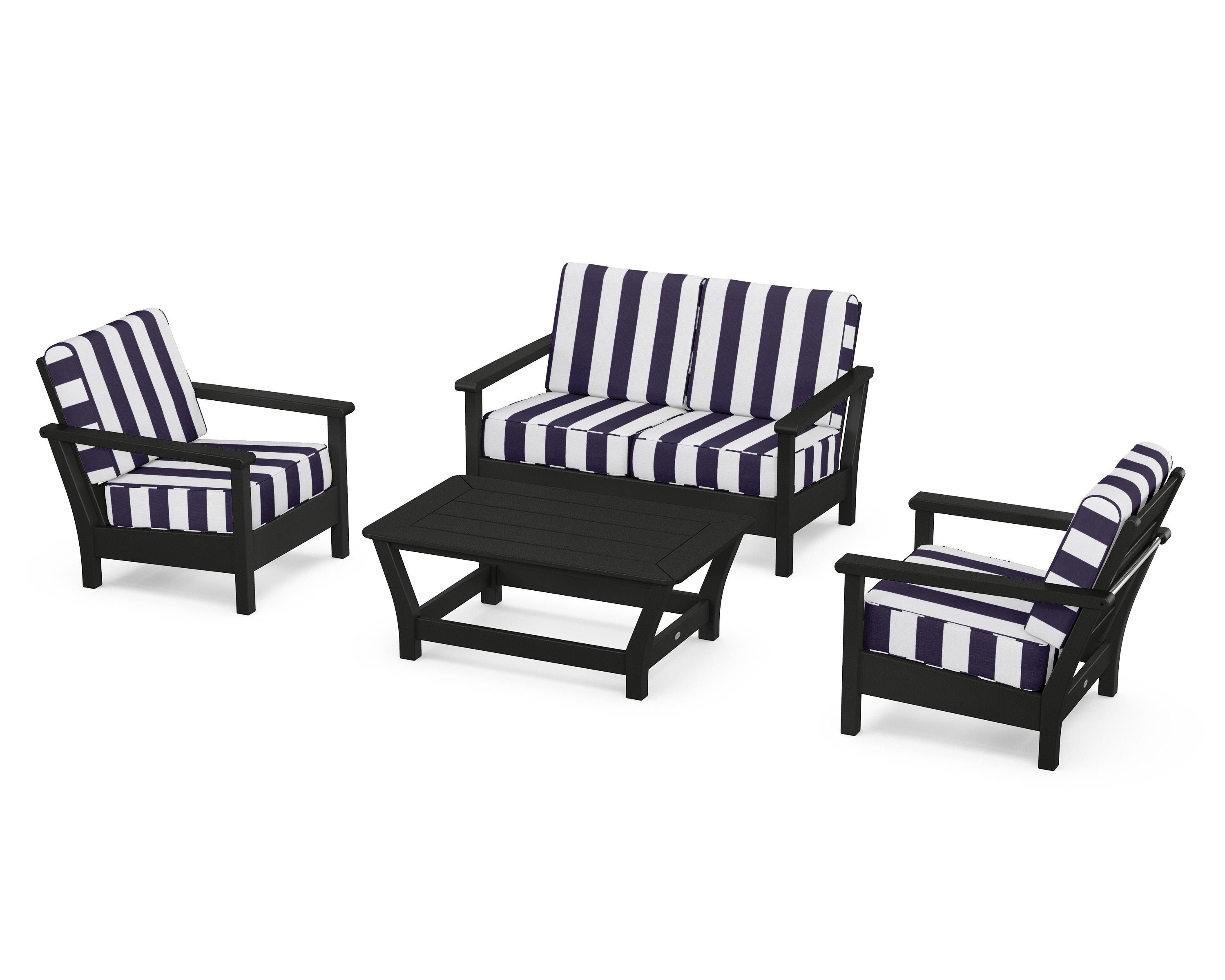 POLYWOOD® Harbour 4-Piece Deep Seating Set in Black / Cabana Stripe Navy
