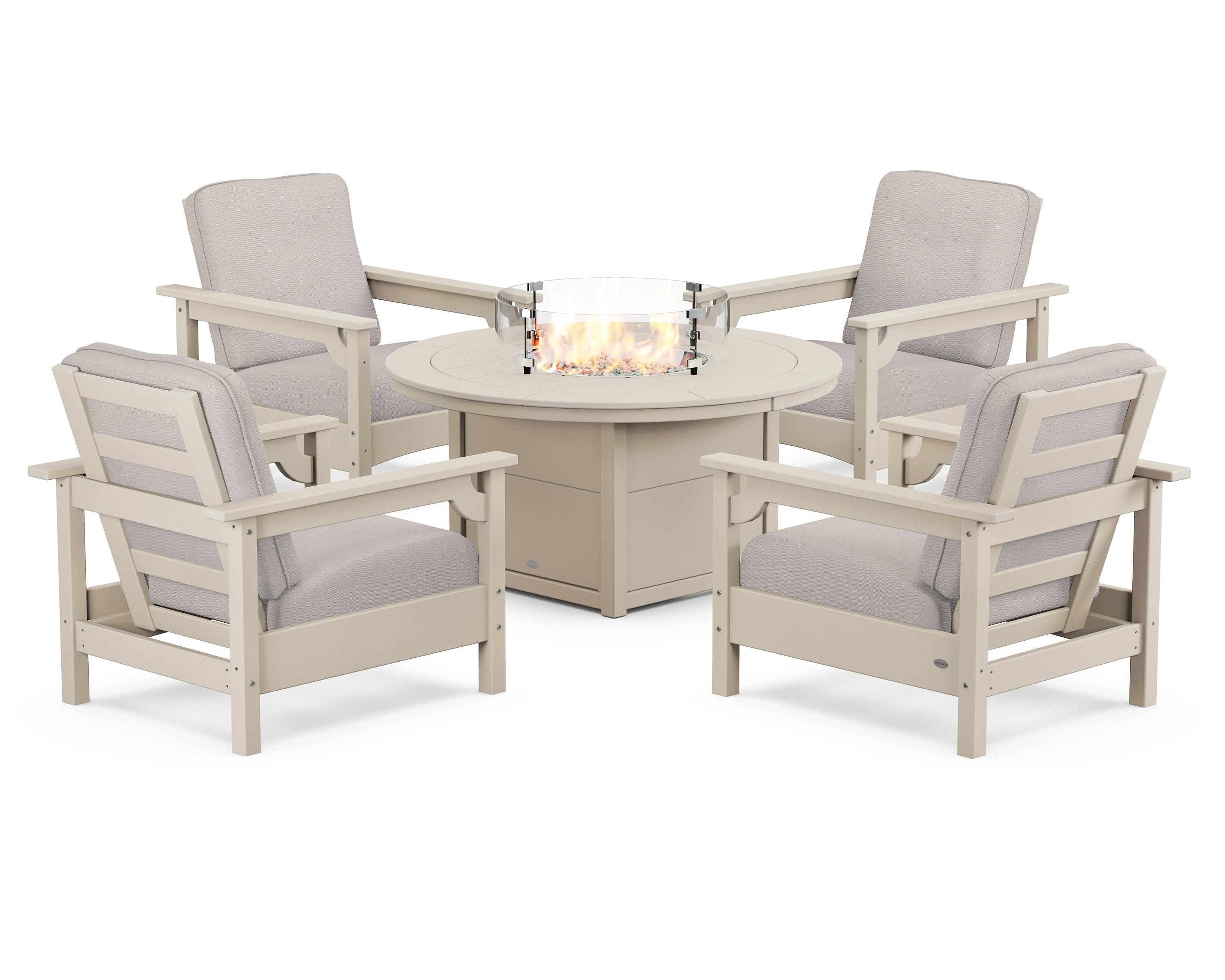 POLYWOOD® Club 5-Piece Conversation Set with Fire Pit Table in Sand / Dune Burlap