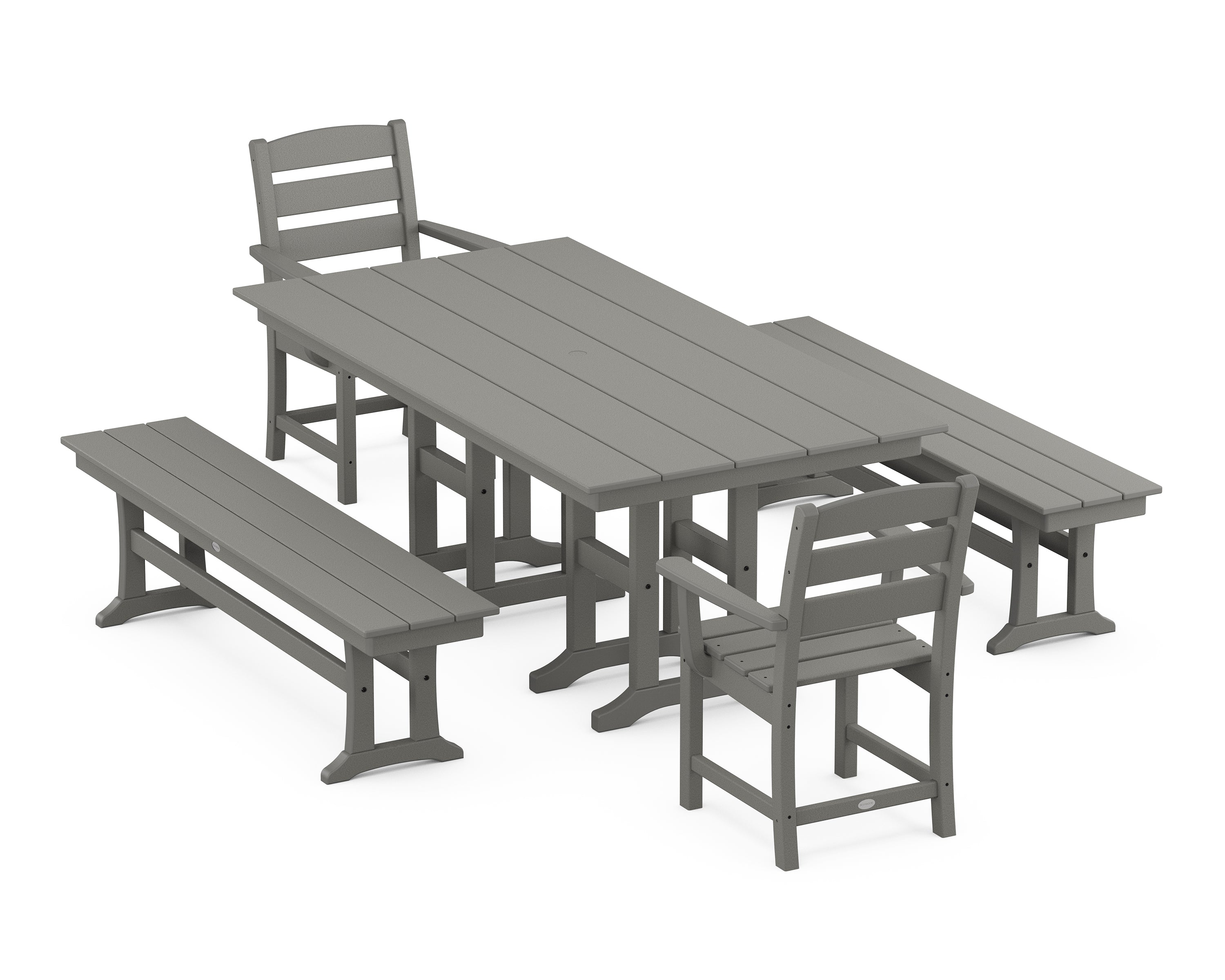 POLYWOOD® Lakeside 5-Piece Farmhouse Dining Set with Benches in Slate Grey