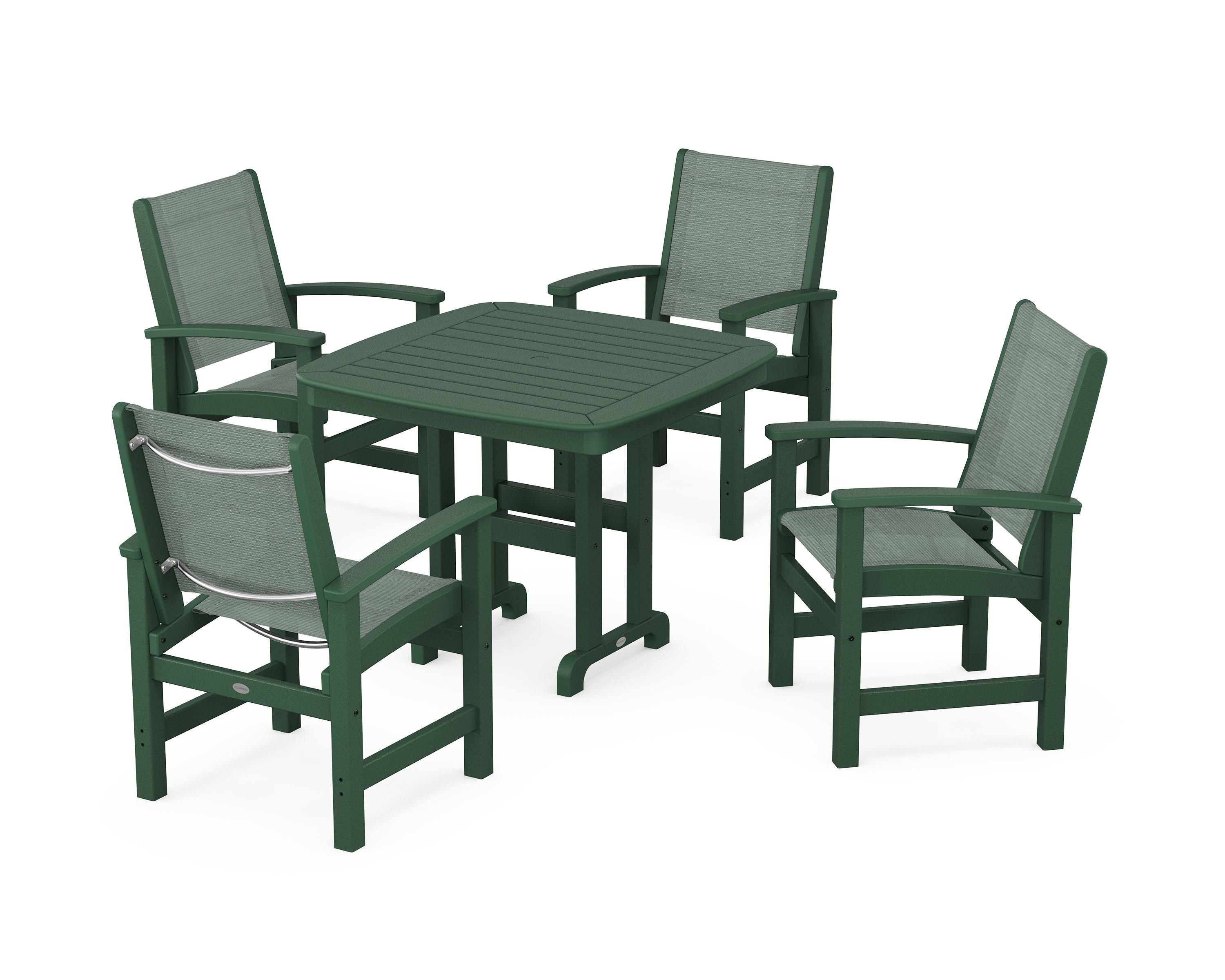 POLYWOOD® Coastal 5-Piece Dining Set in Green / Dupioni Sea Mist Sling