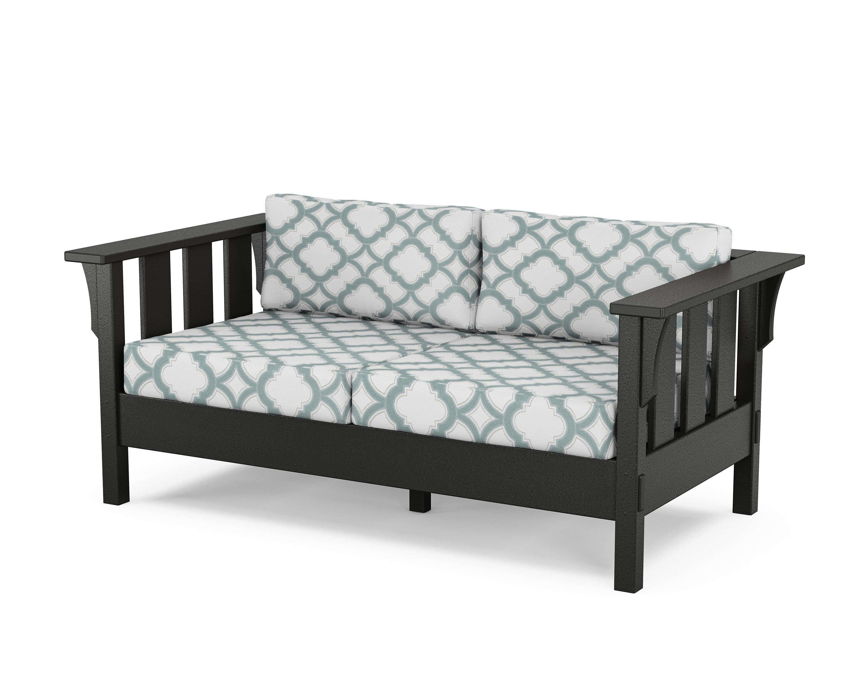 Martha Stewart by POLYWOOD® Acadia Deep Seating Loveseat in Black / Trellis Glacier Spa