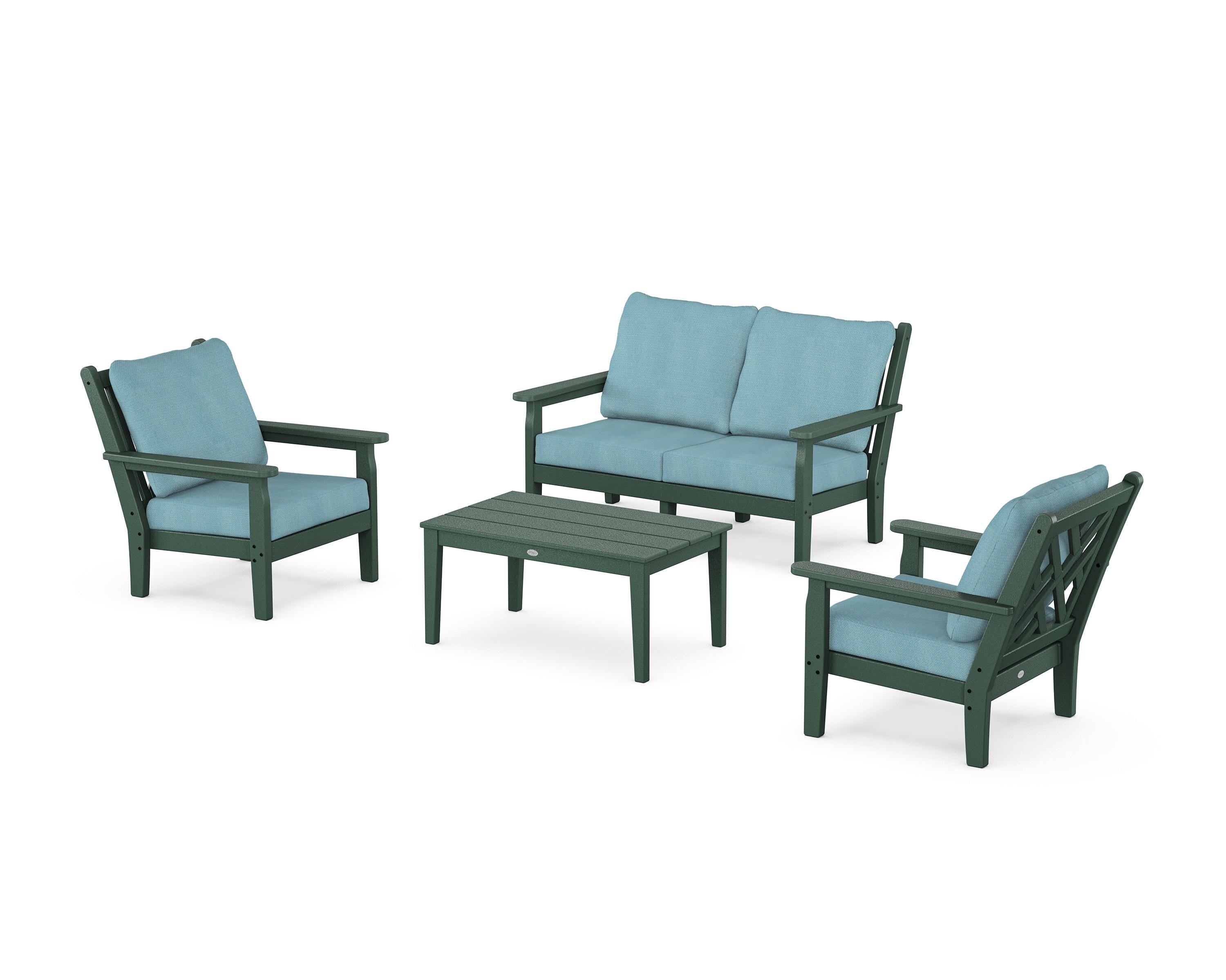 POLYWOOD® Chippendale 4-Piece Deep Seating Set with Loveseat in Green / Lattice Sky Blue
