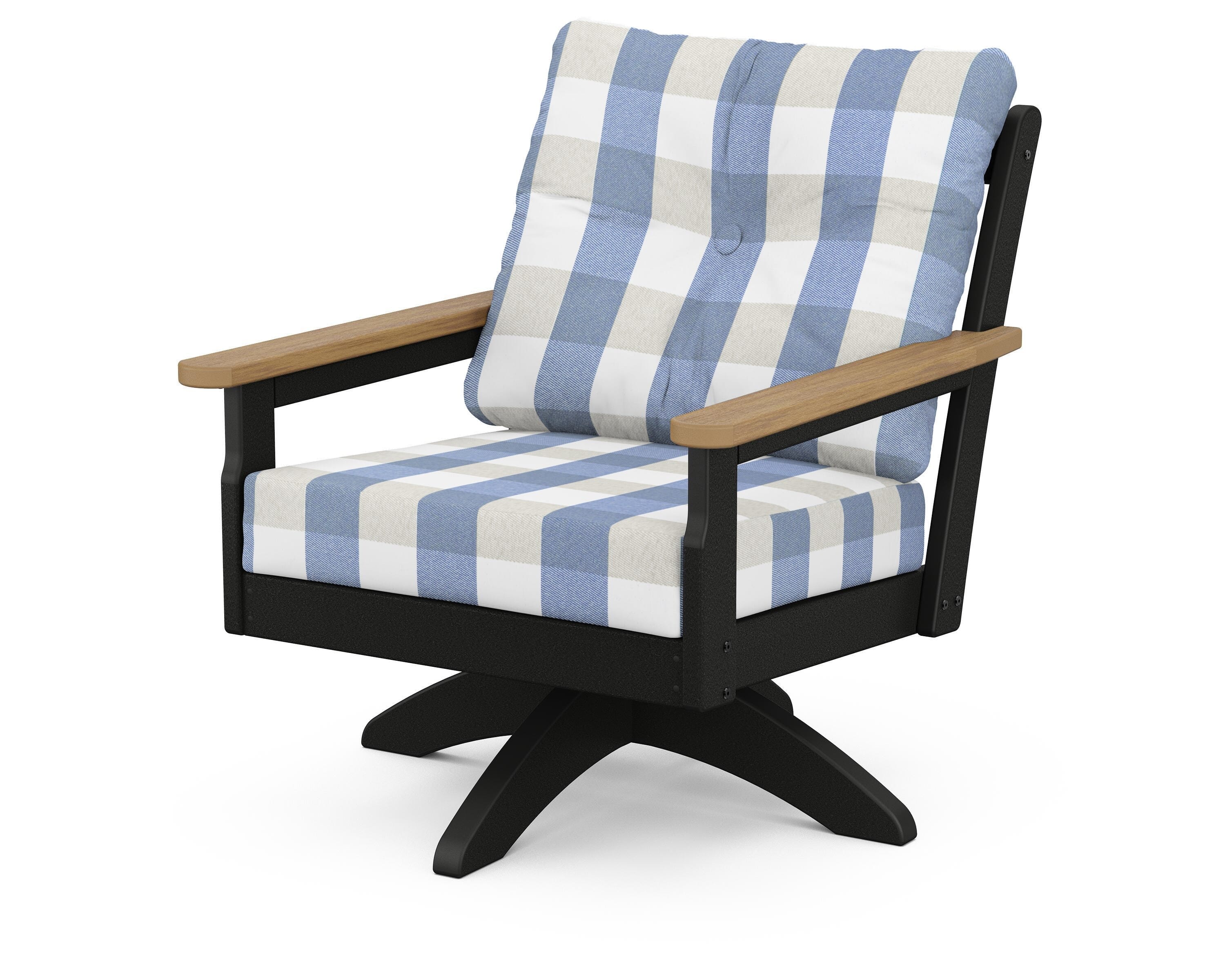 POLYWOOD® Vineyard Deep Seating Swivel Chair in Black / Natural / Buffalo Plaid Sky Blue