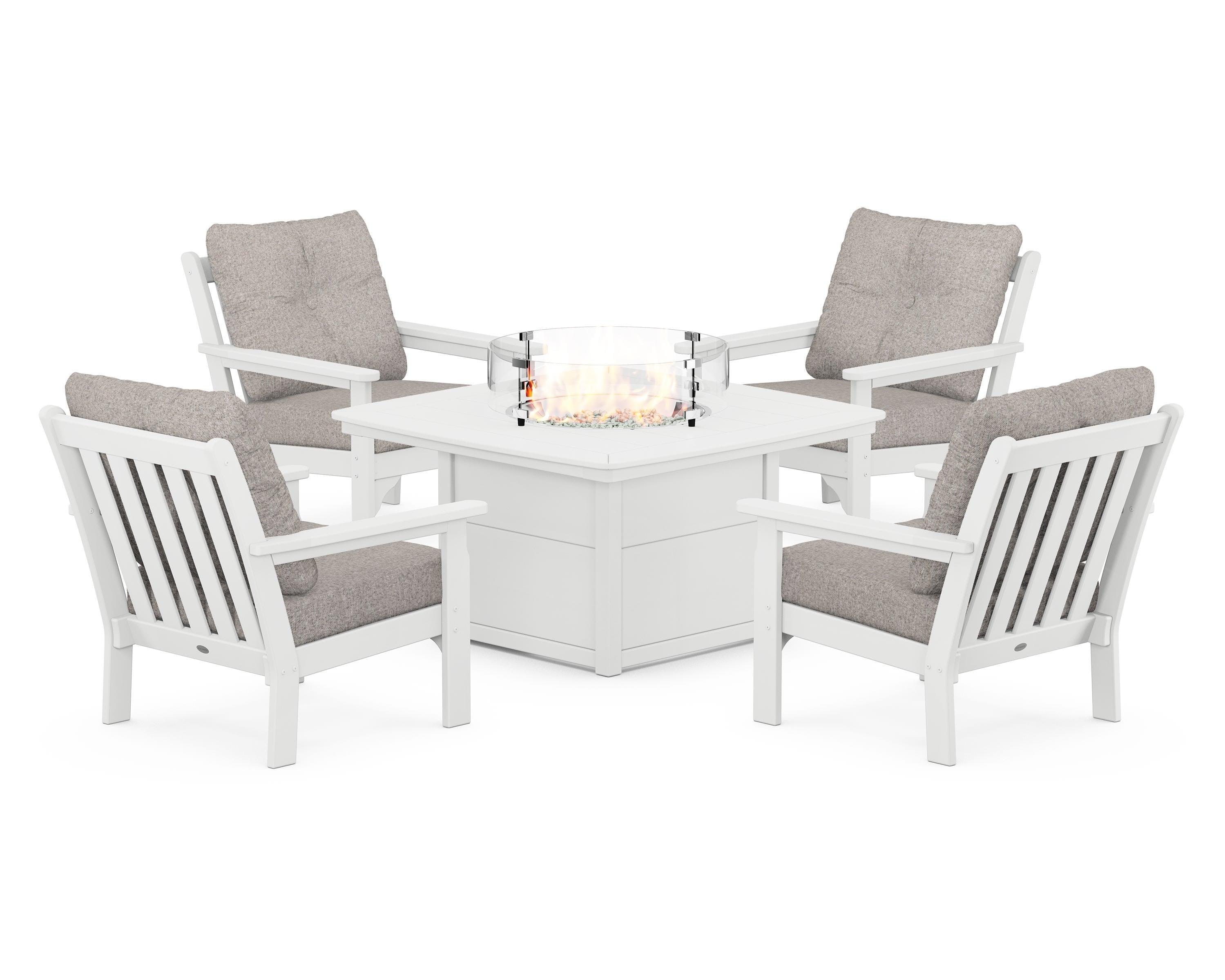 POLYWOOD® Vineyard 5-Piece Conversation Set with Fire Pit Table in White / Weathered Tweed