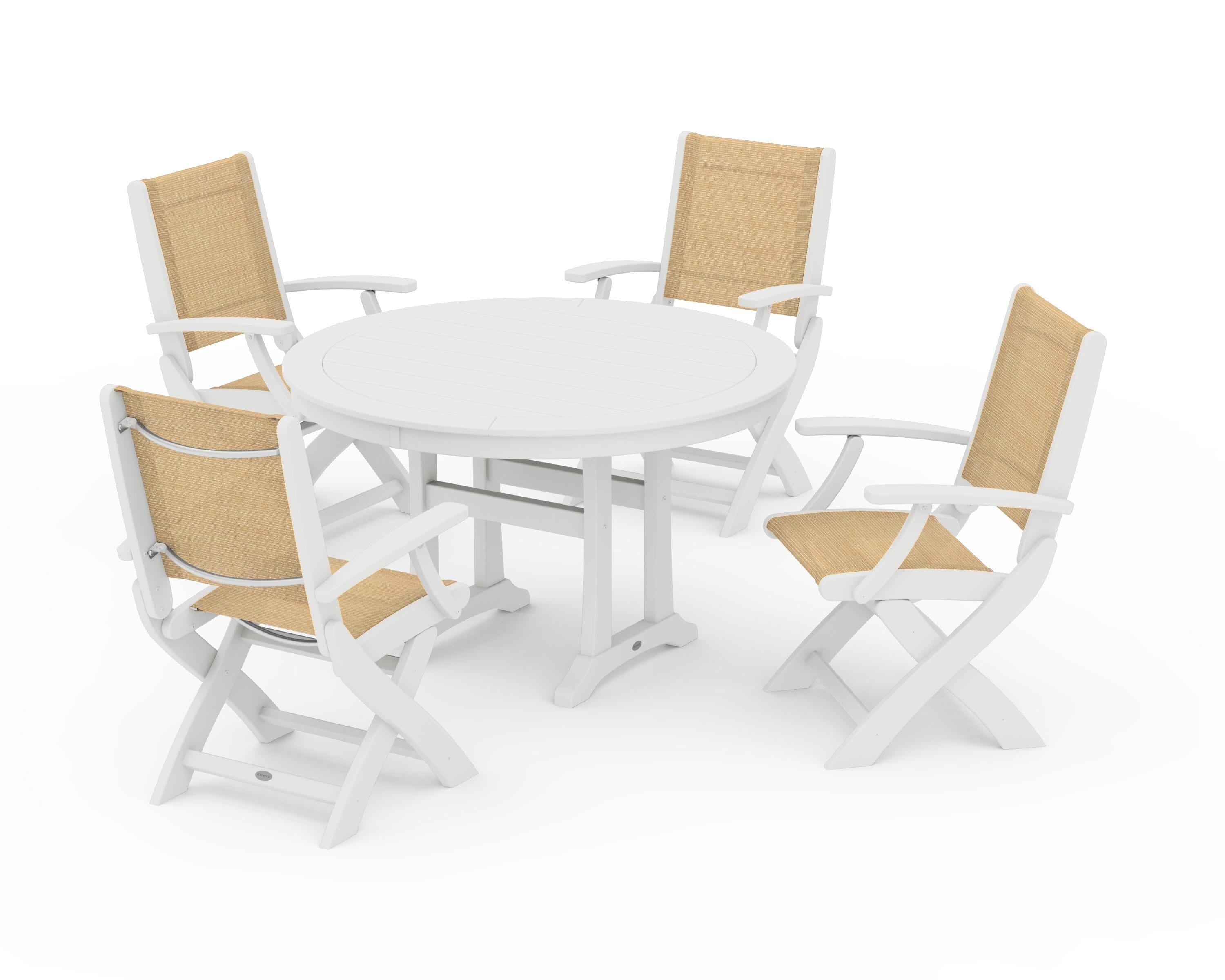 POLYWOOD® Coastal Folding Chair 5-Piece Round Dining Set with Trestle Legs in White / Dupioni Apricot Sling