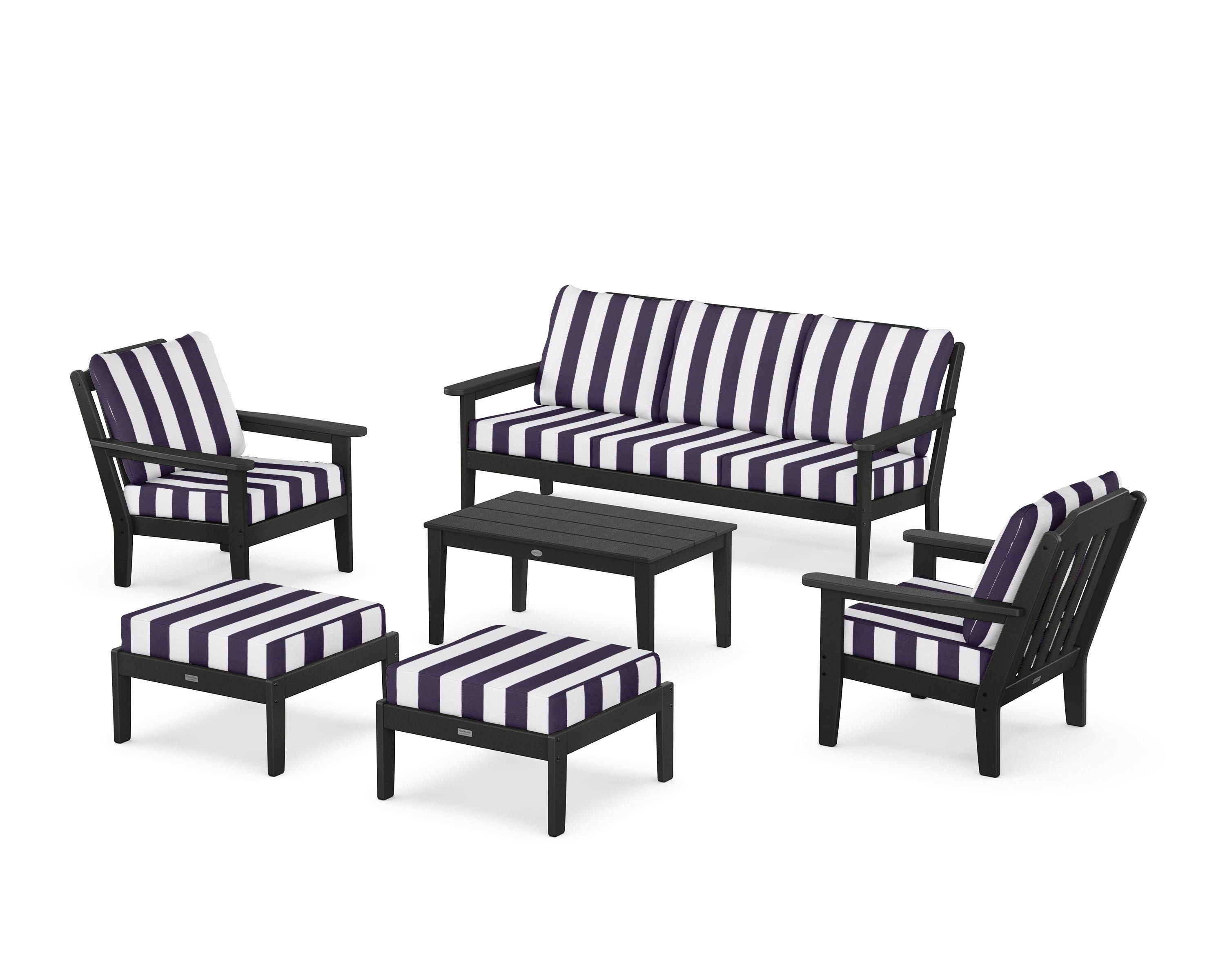 Country Living Cottage 6-Piece Lounge Sofa Set in Black / Cabana Stripe Navy