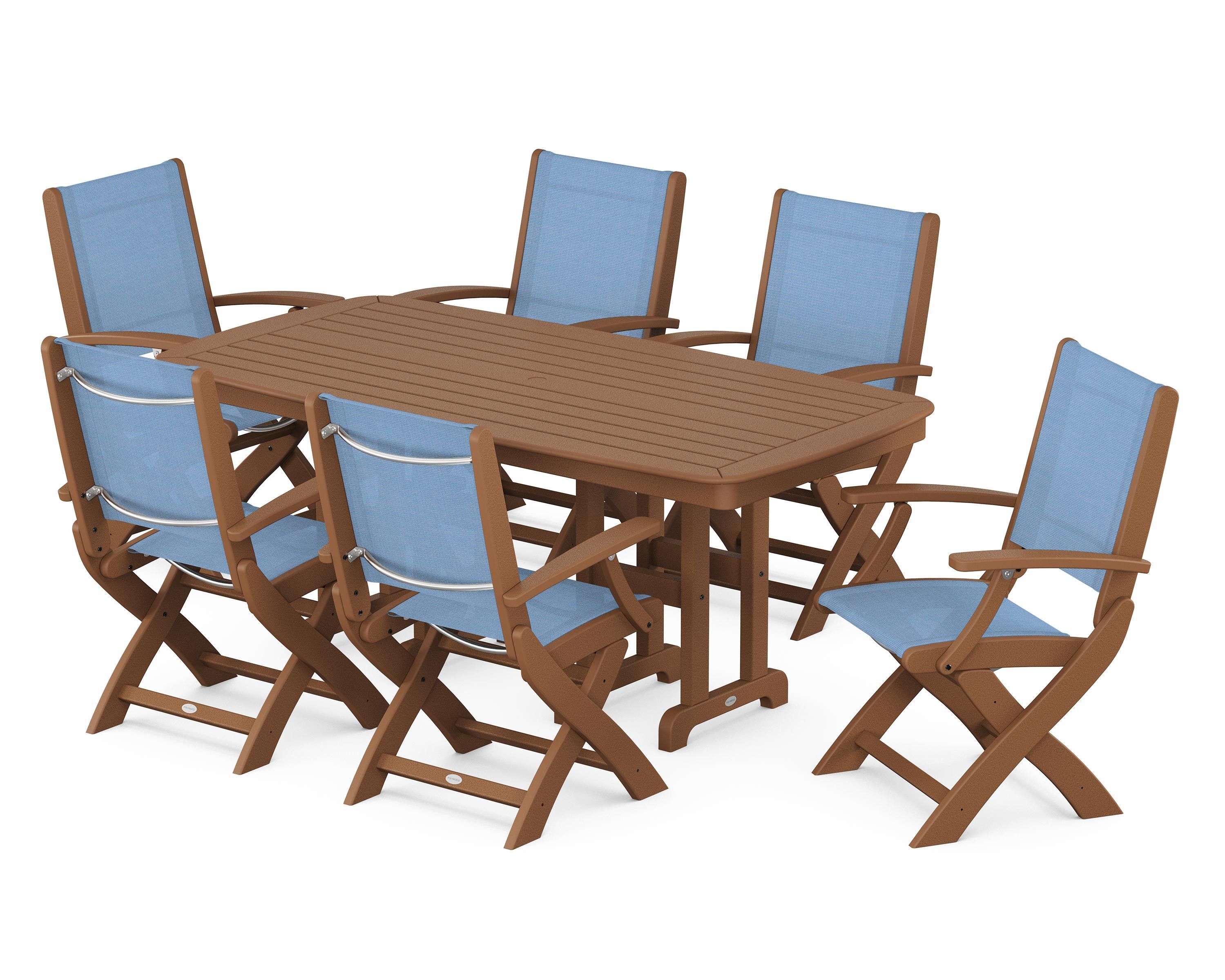 POLYWOOD® Coastal Folding Arm Chair 7-Piece Dining Set in Teak / Poolside Sling