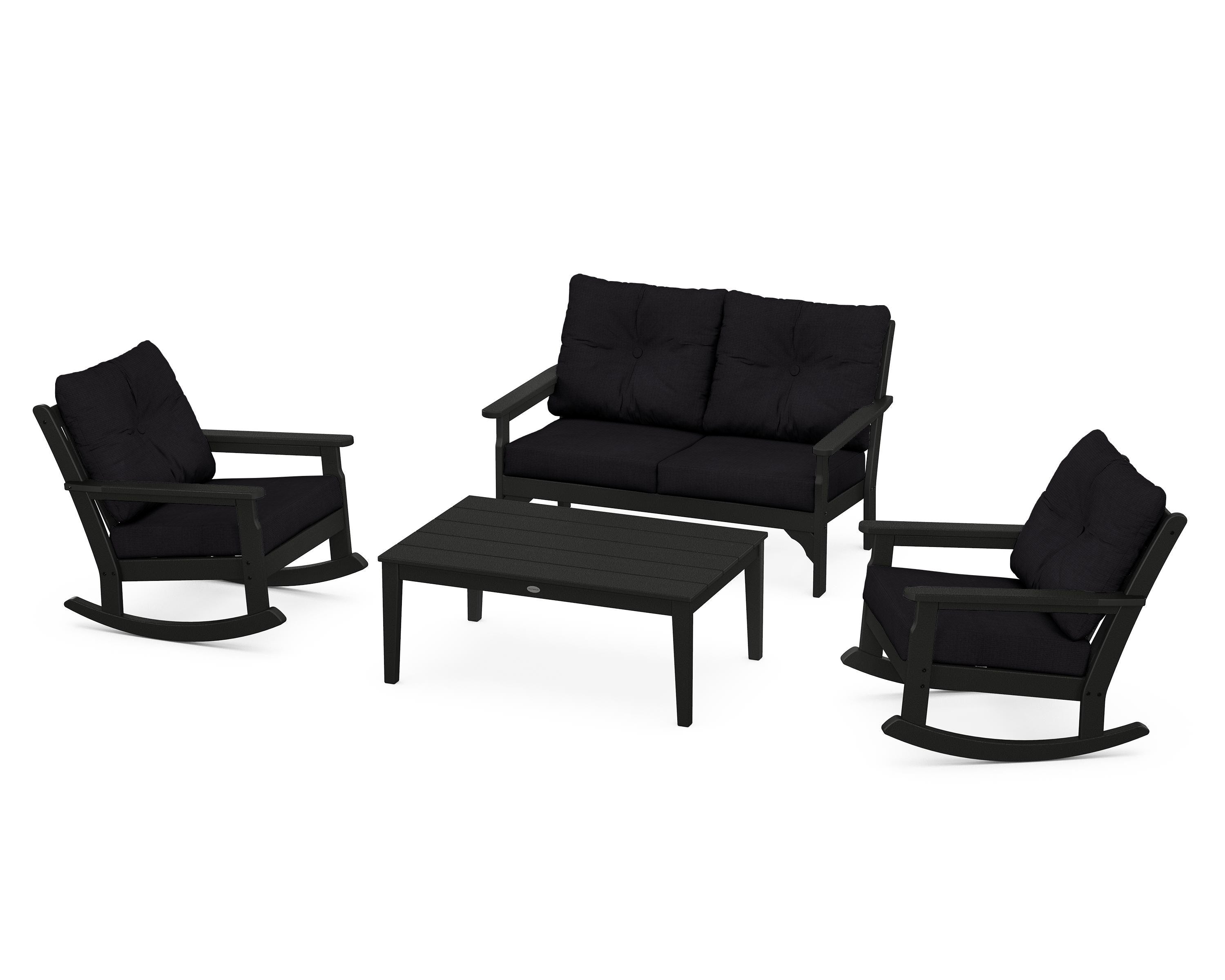 POLYWOOD® Vineyard 4-Piece Deep Seating Rocking Chair Set in Black / Midnight Linen
