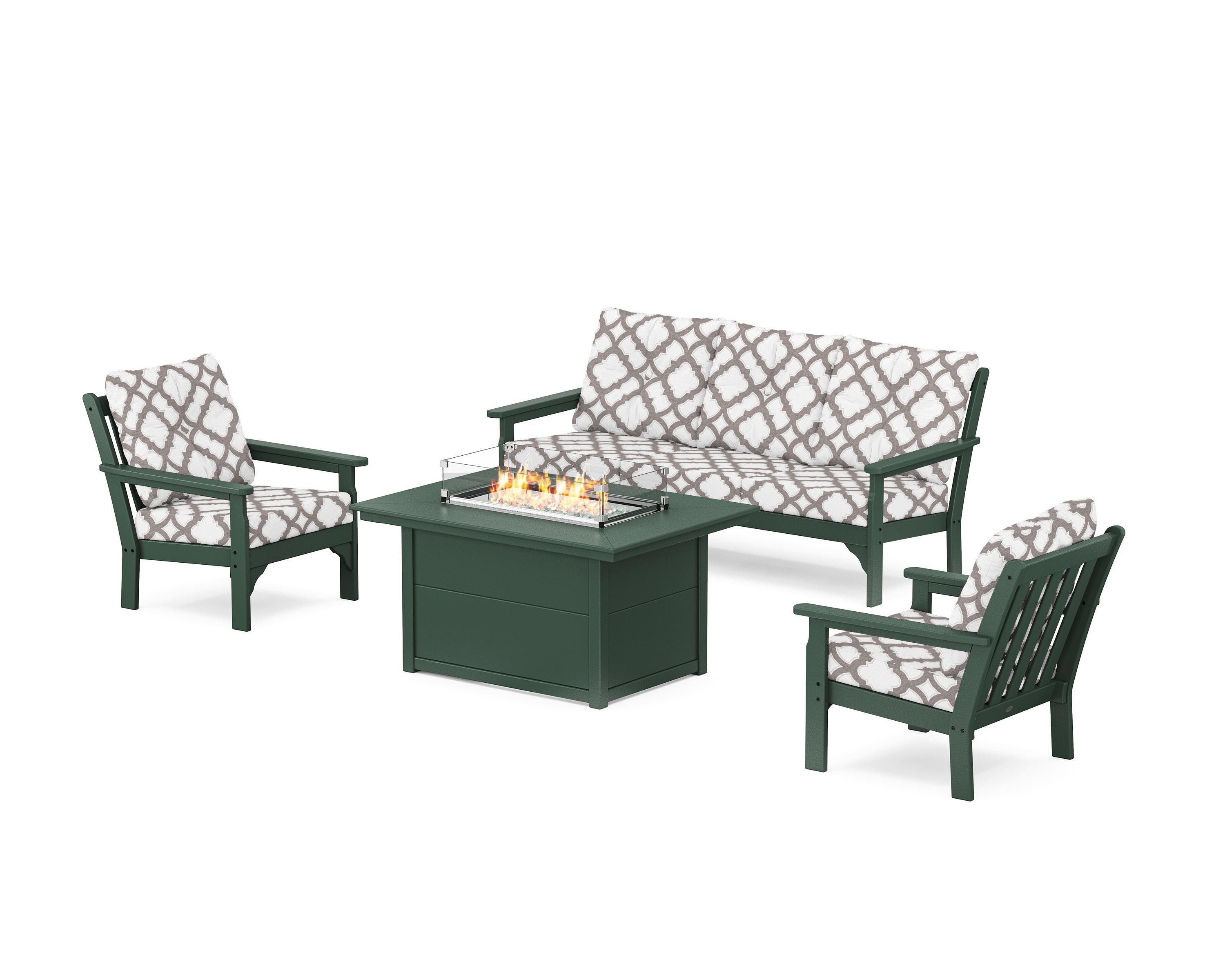 POLYWOOD® Vineyard Deep Seating Fire Pit Table Set in Green / Trellis Grey Mist