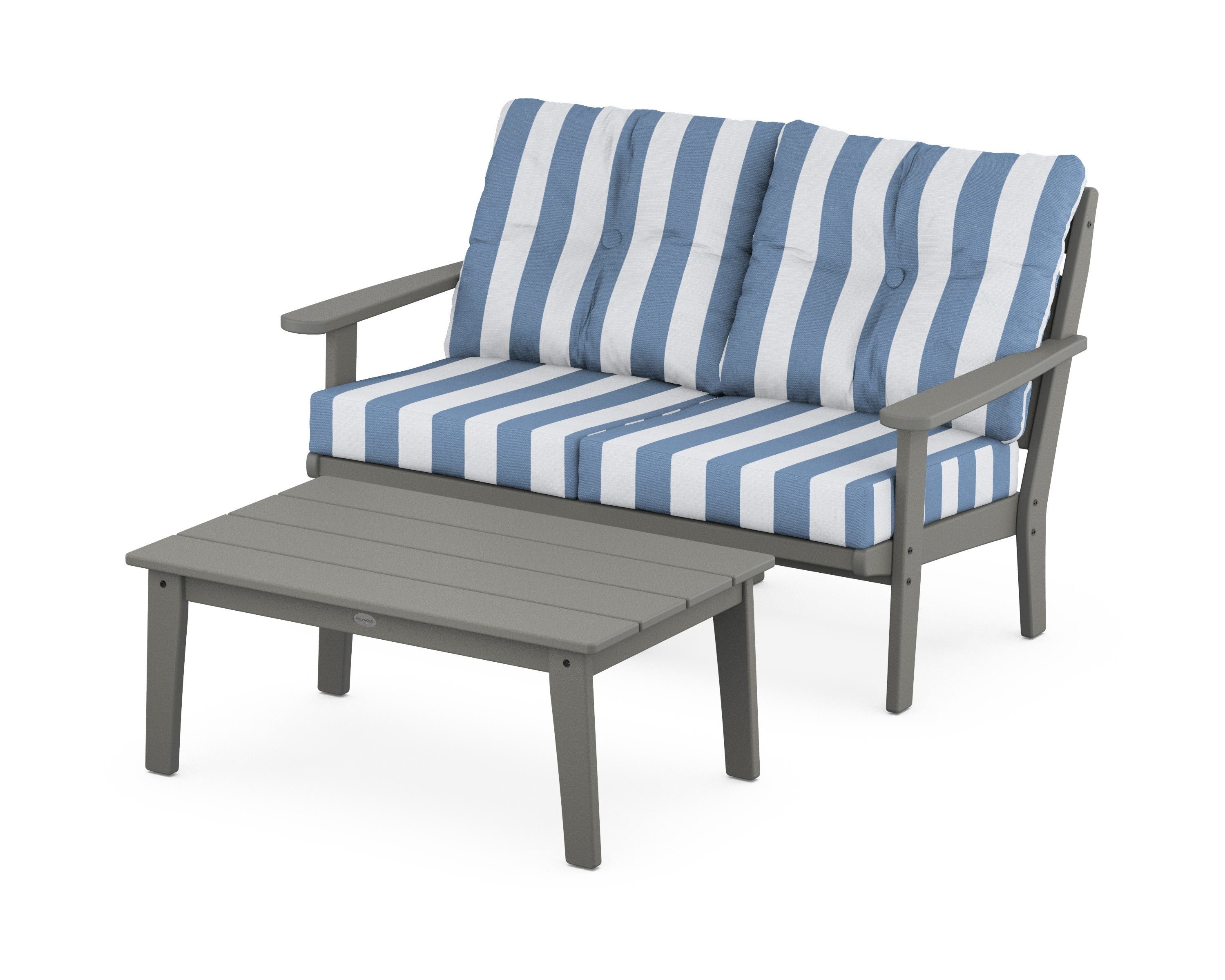 POLYWOOD® Lakeside 2-Piece Lounge Loveseat Set in Slate Grey / Cabana Stripe Sky Blue