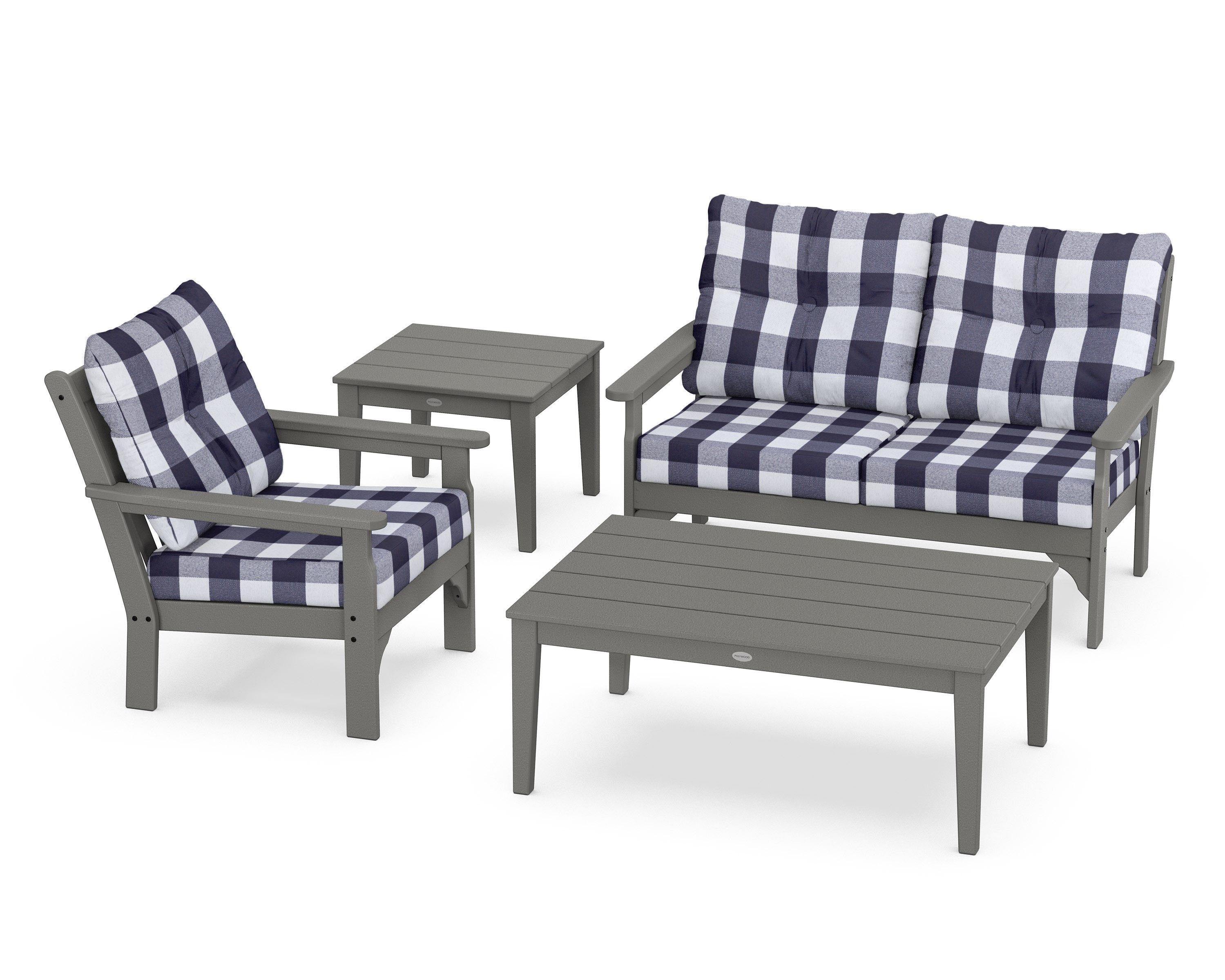 POLYWOOD® Vineyard 4-Piece Deep Seating Set in Slate Grey / Buffalo Plaid Navy