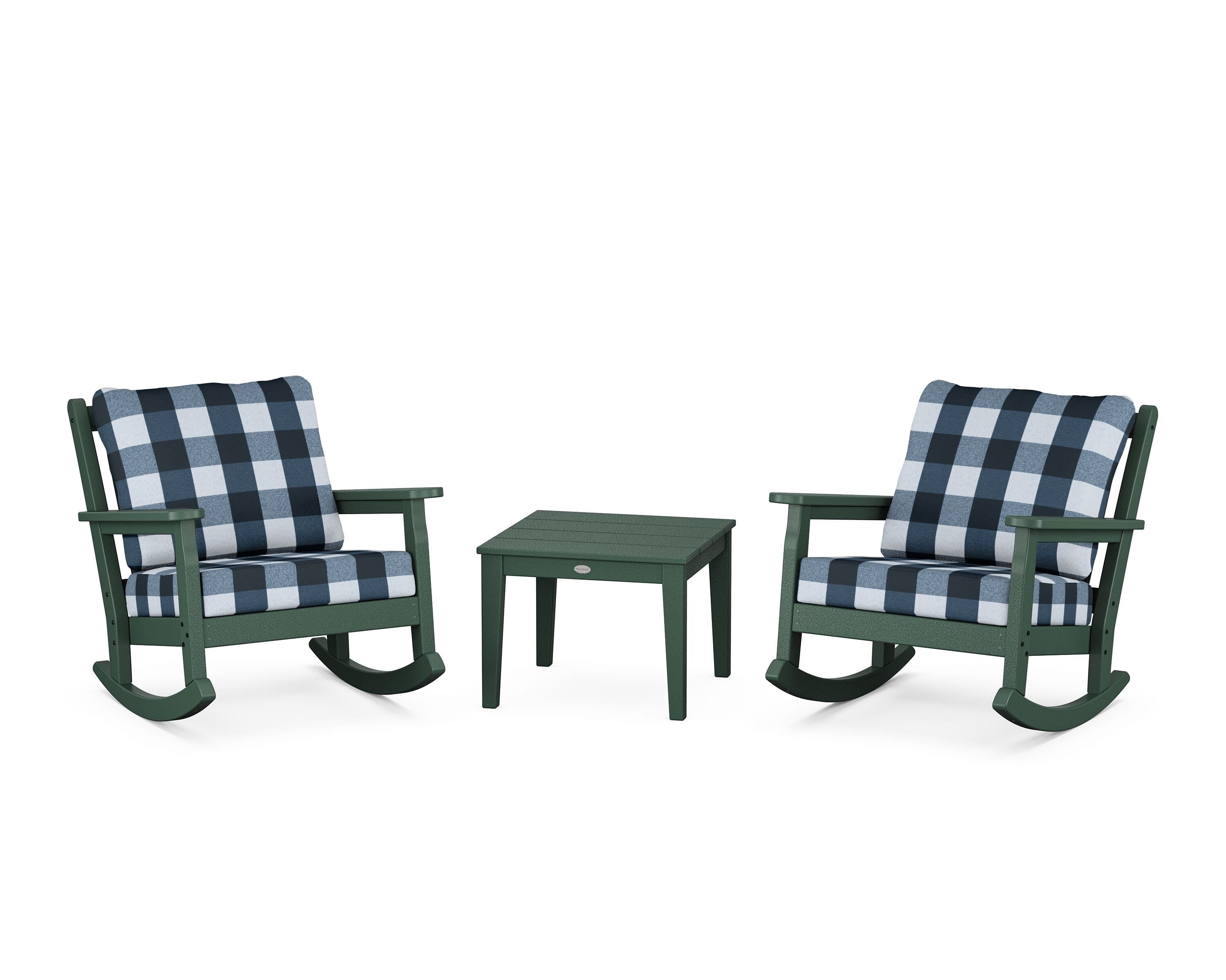 POLYWOOD® Chippendale 3-Piece Deep Seating Rocker Set in Green / Buffalo Plaid Marine Indigo