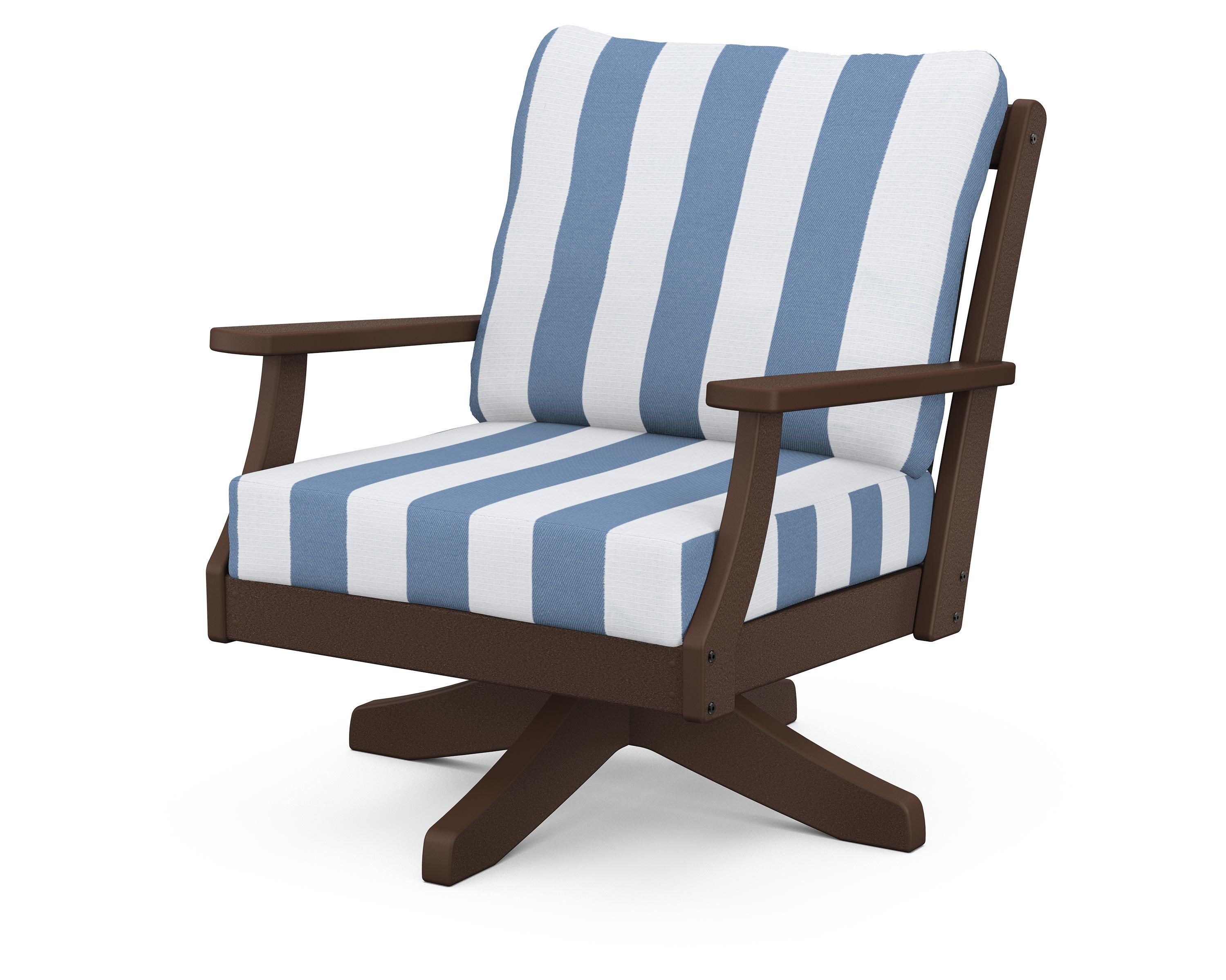 POLYWOOD® Braxton Deep Seating Swivel Chair in Mahogany / Cabana Stripe Sky Blue