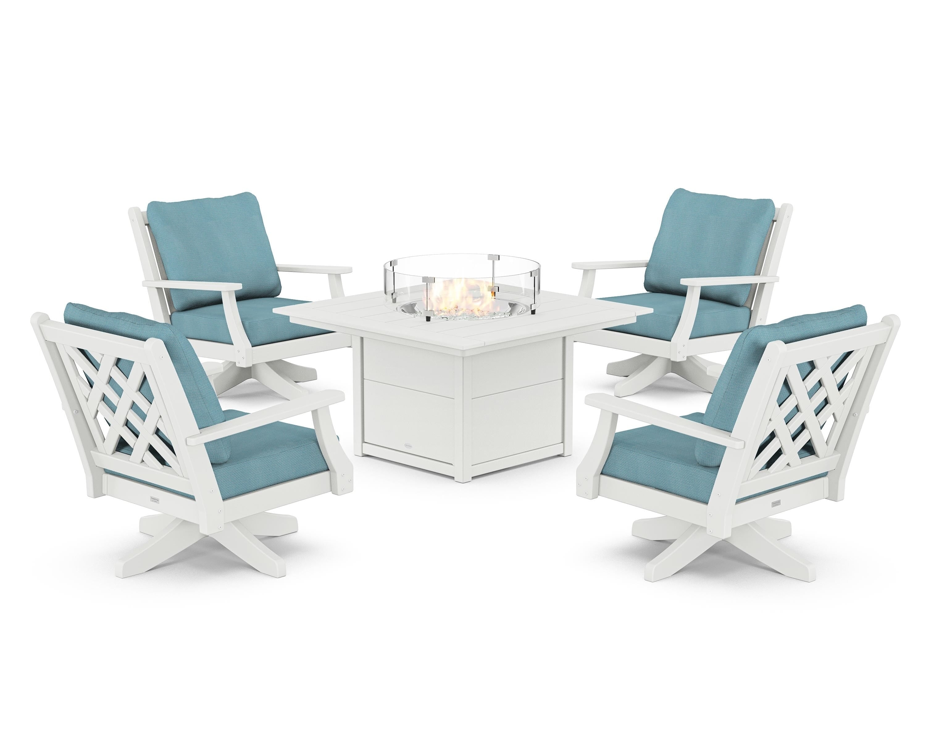 Country Living Wovendale 5-Piece Deep Seating Swivel Conversation Set with Fire Pit Table in White / Lattice Sky Blue