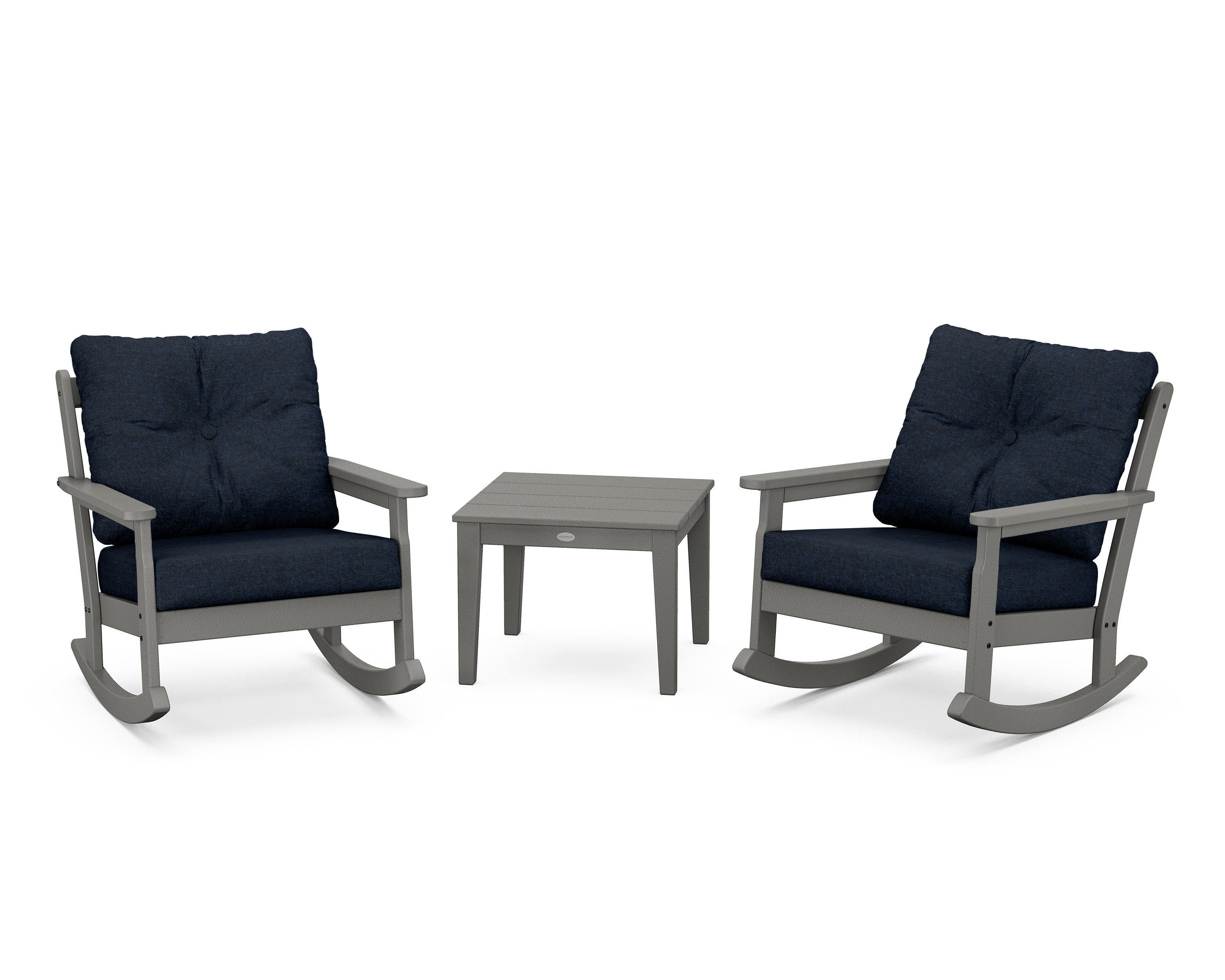 POLYWOOD® Vineyard 3-Piece Deep Seating Rocker Set in Slate Grey / Marine Indigo