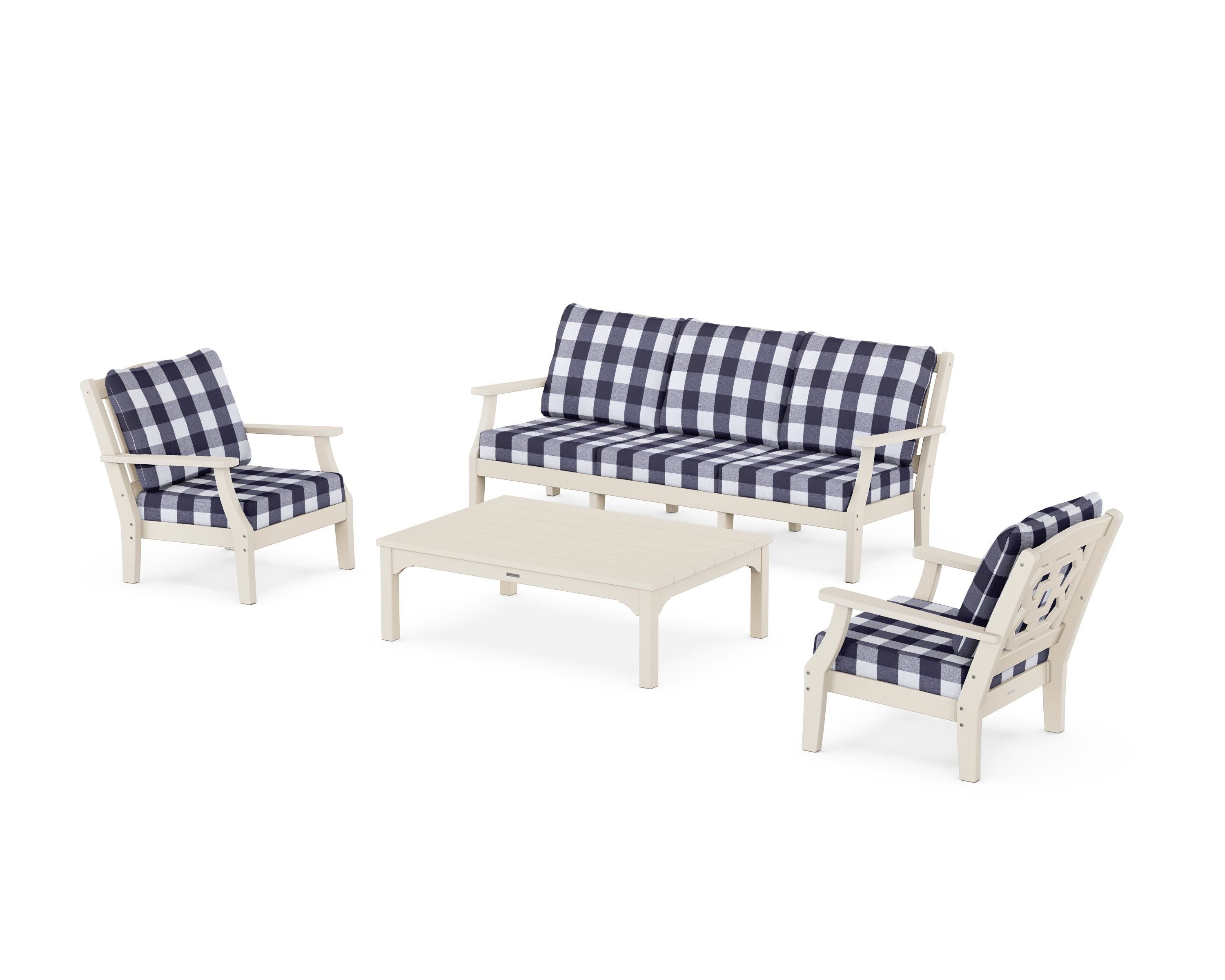 Martha Stewart by POLYWOOD® Chinoiserie 4-Piece Deep Seating Set with Sofa in Sand / Buffalo Plaid Navy
