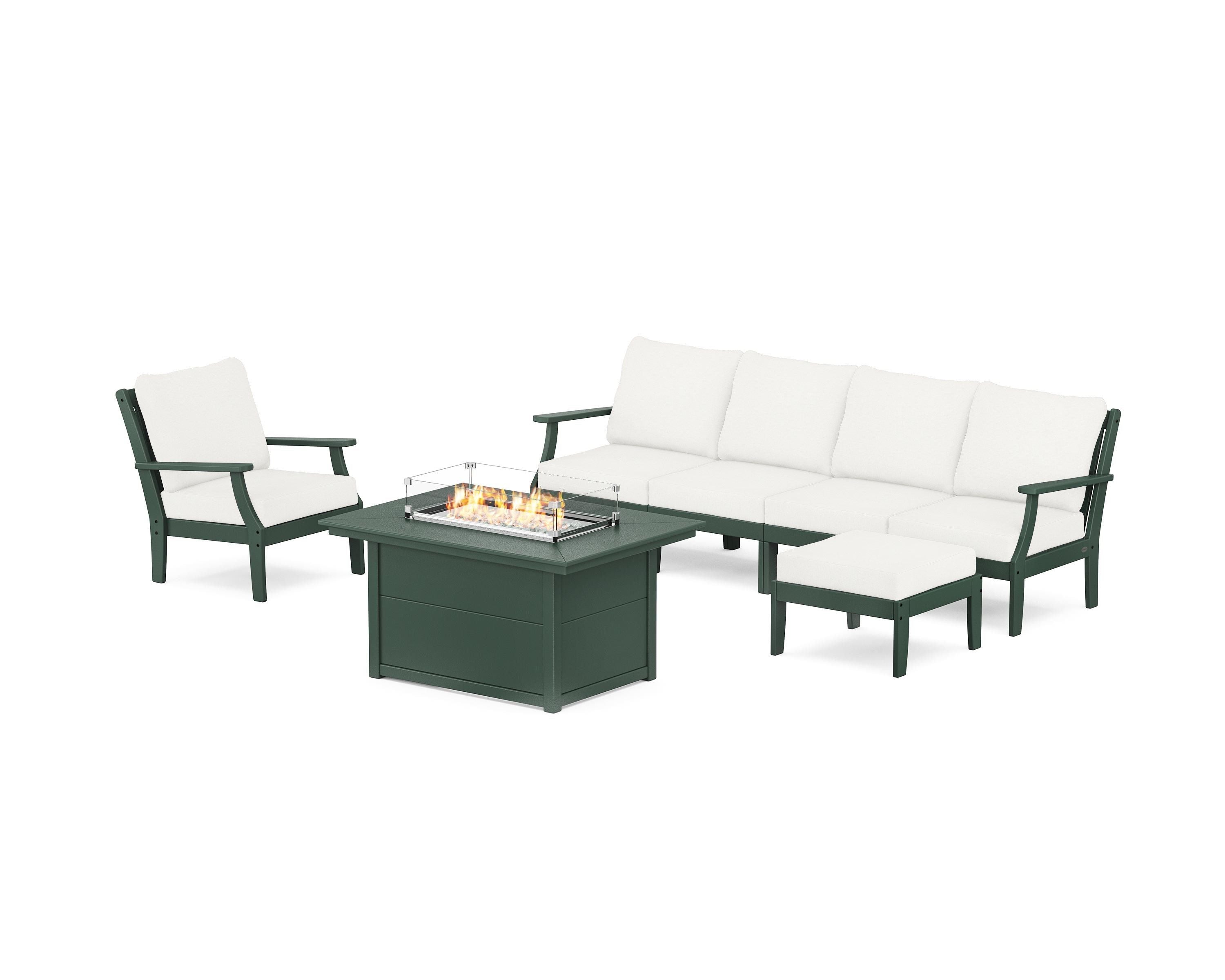 POLYWOOD® Braxton Sectional Lounge and Fire Pit Set in Green / Natural Linen