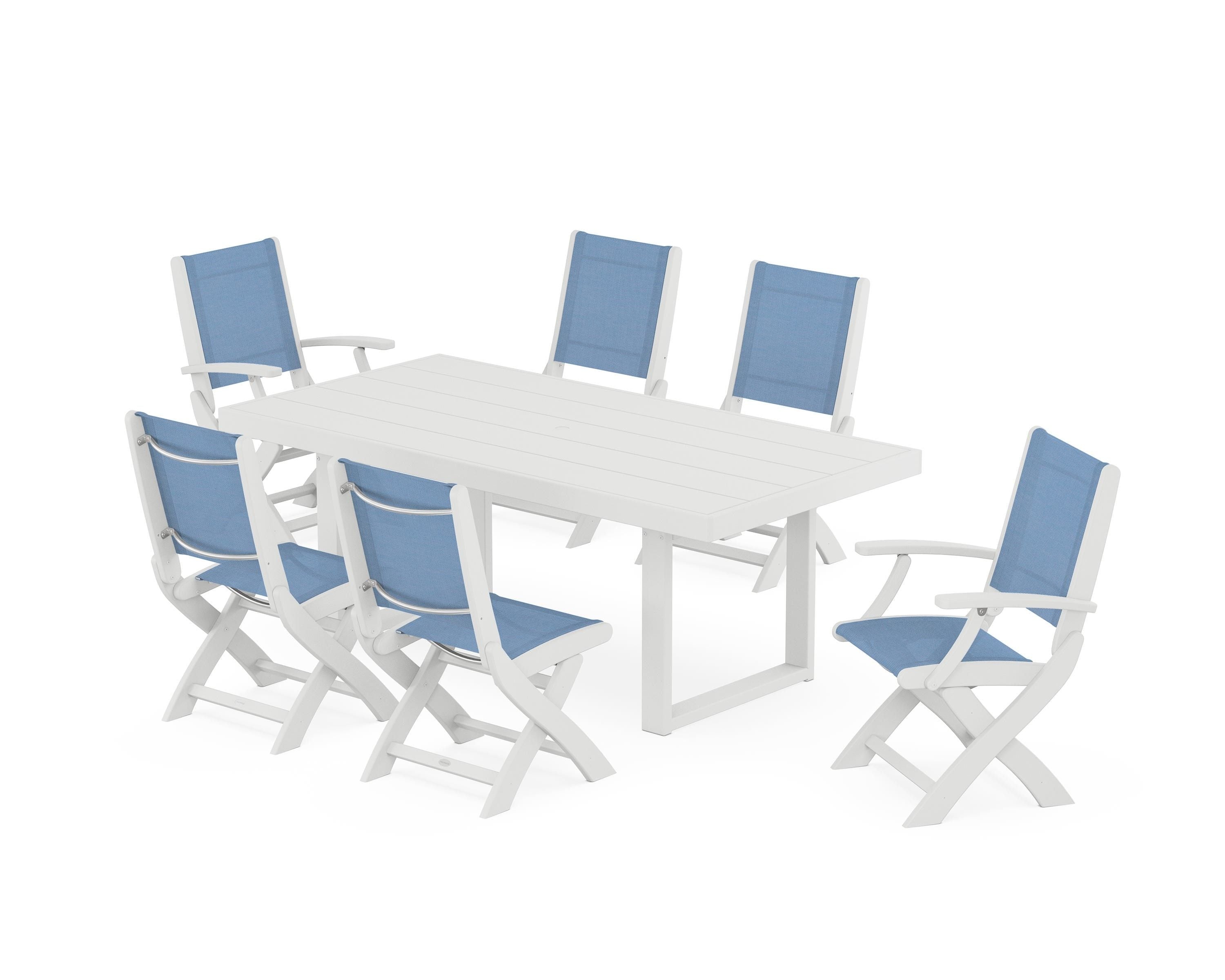 POLYWOOD® Coastal Folding Chair 7-Piece Dining Set with Trestle Legs in White / Poolside Sling
