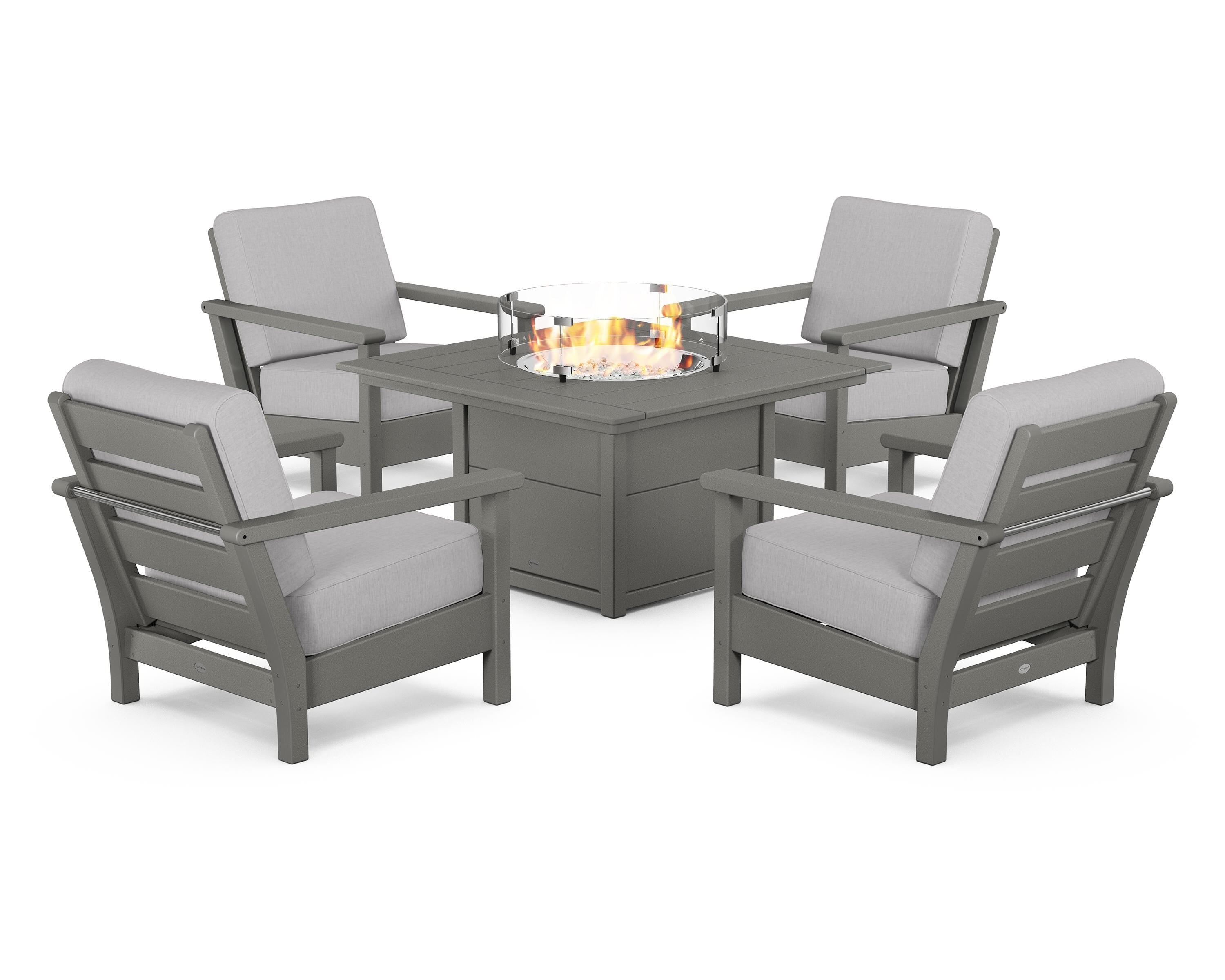 POLYWOOD® Harbour 5-Piece Conversation Set with Fire Pit Table in Slate Grey / Granite