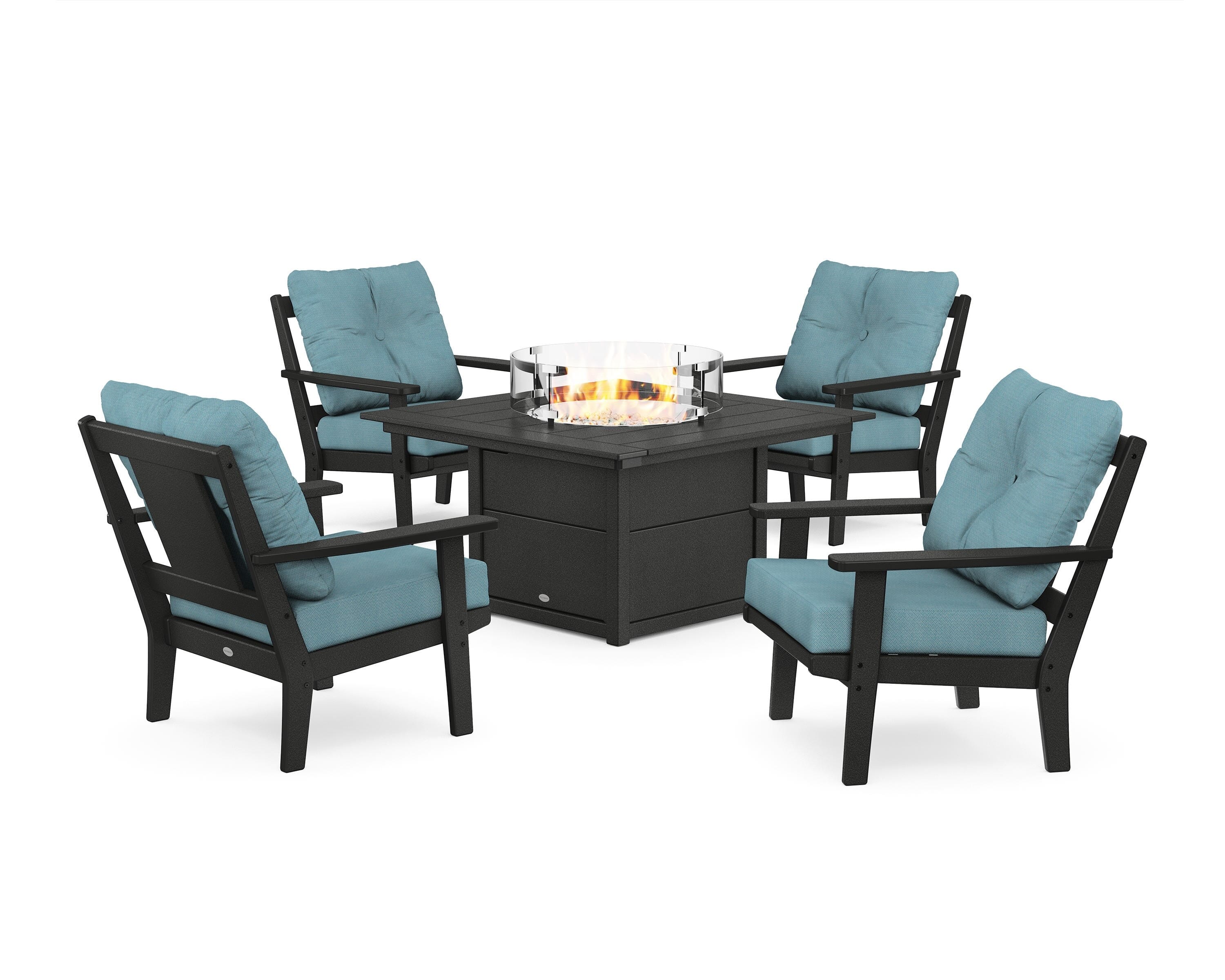 POLYWOOD® Prairie 5-Piece Deep Seating Set with Fire Pit Table in Black / Lattice Sky Blue