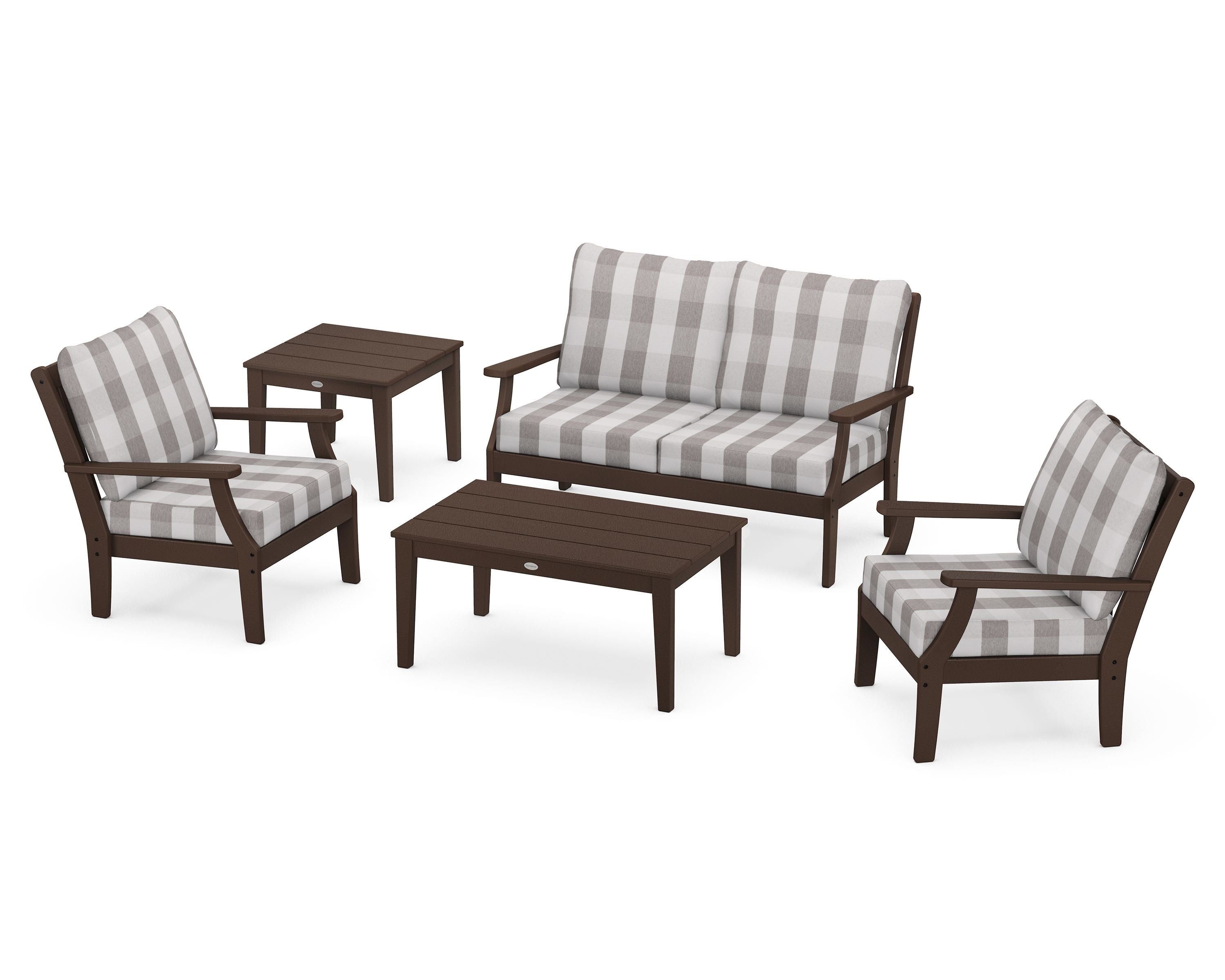 POLYWOOD® Braxton 5-Piece Deep Seating Set in Mahogany / Buffalo Plaid Grey Mist